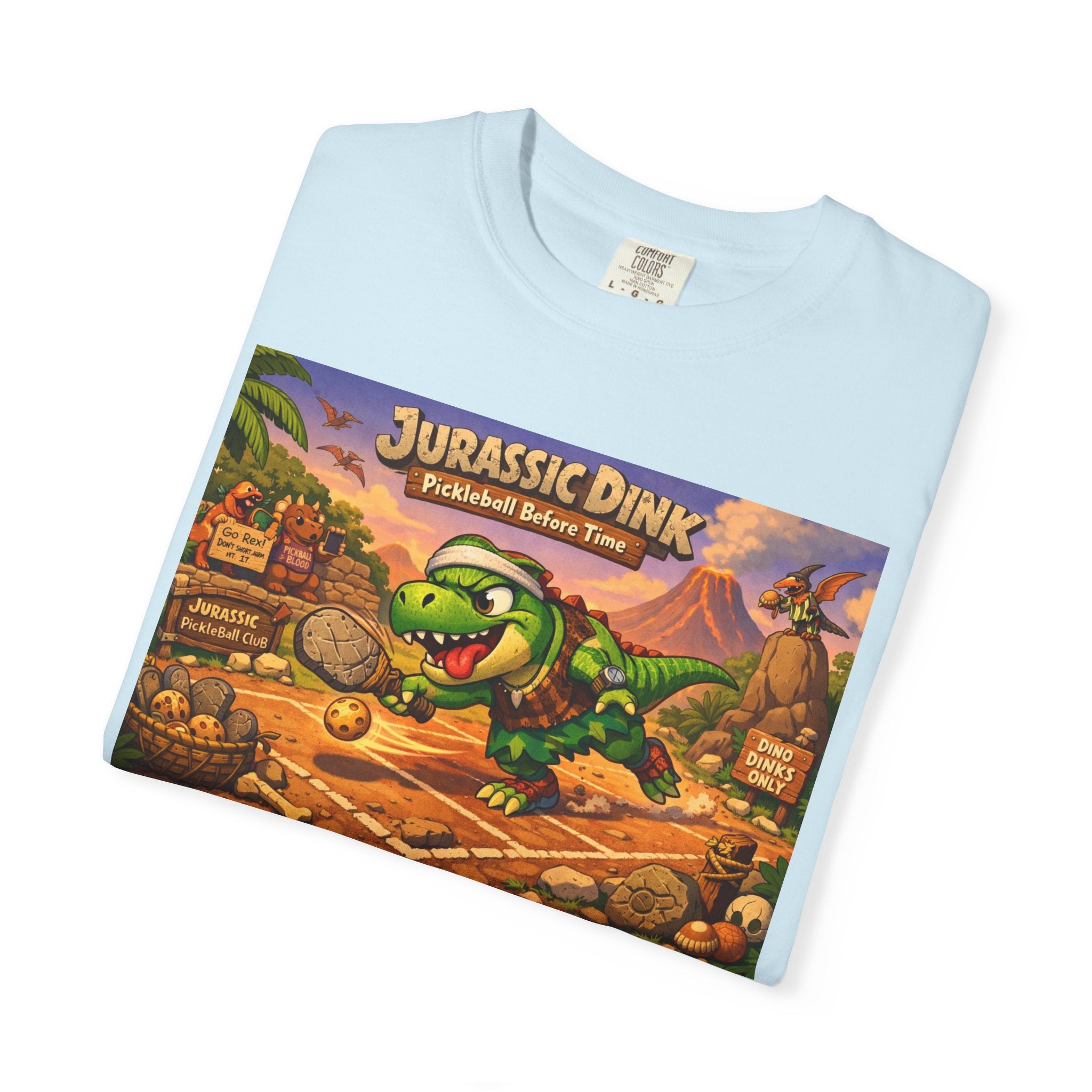 Jurassic Dink Pickleball Dinosaur Arcade Poster T-Shirt | Retro Video Game Shirt