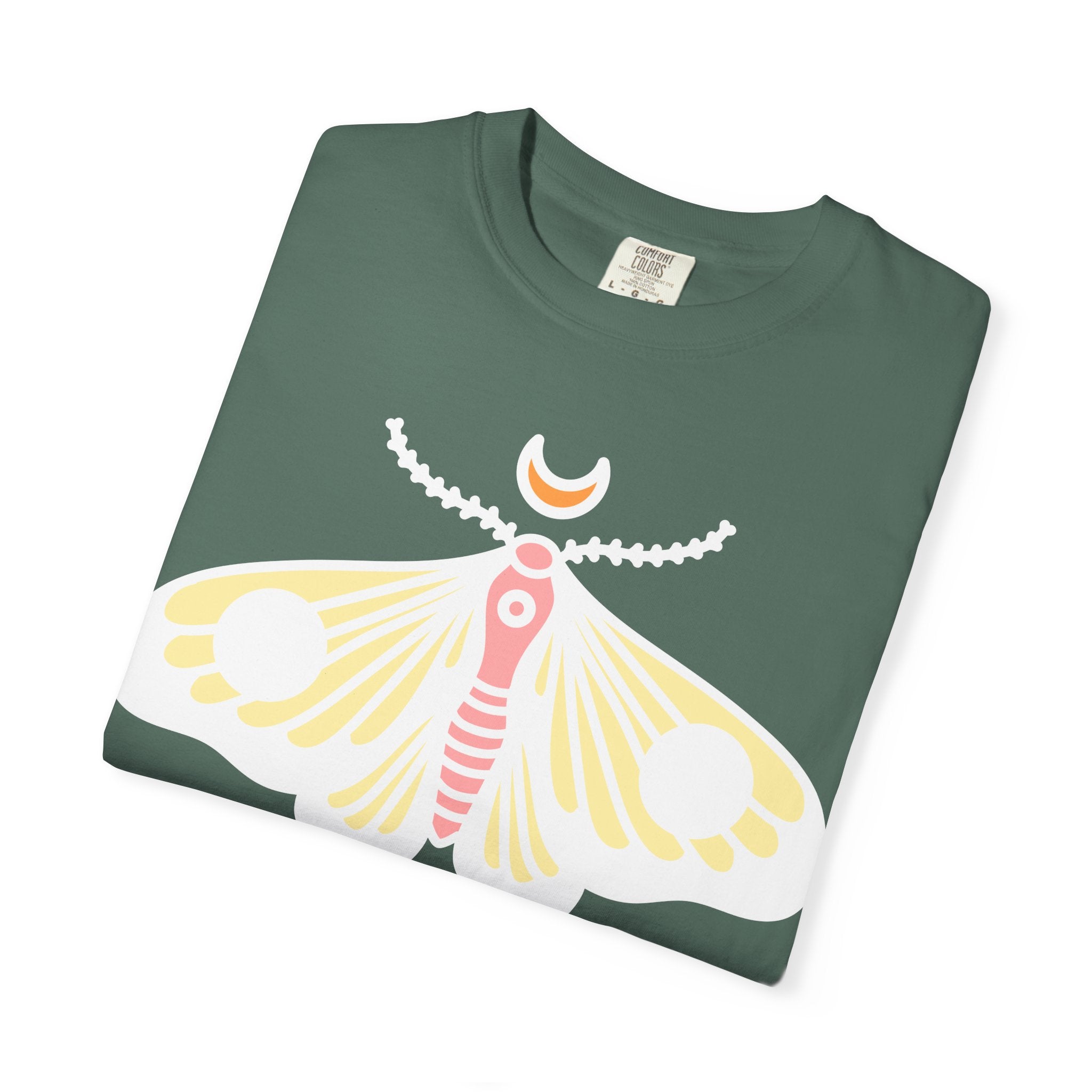 Celestial Moth T-shirt | Pink Yellow Moth with Crescent Moon