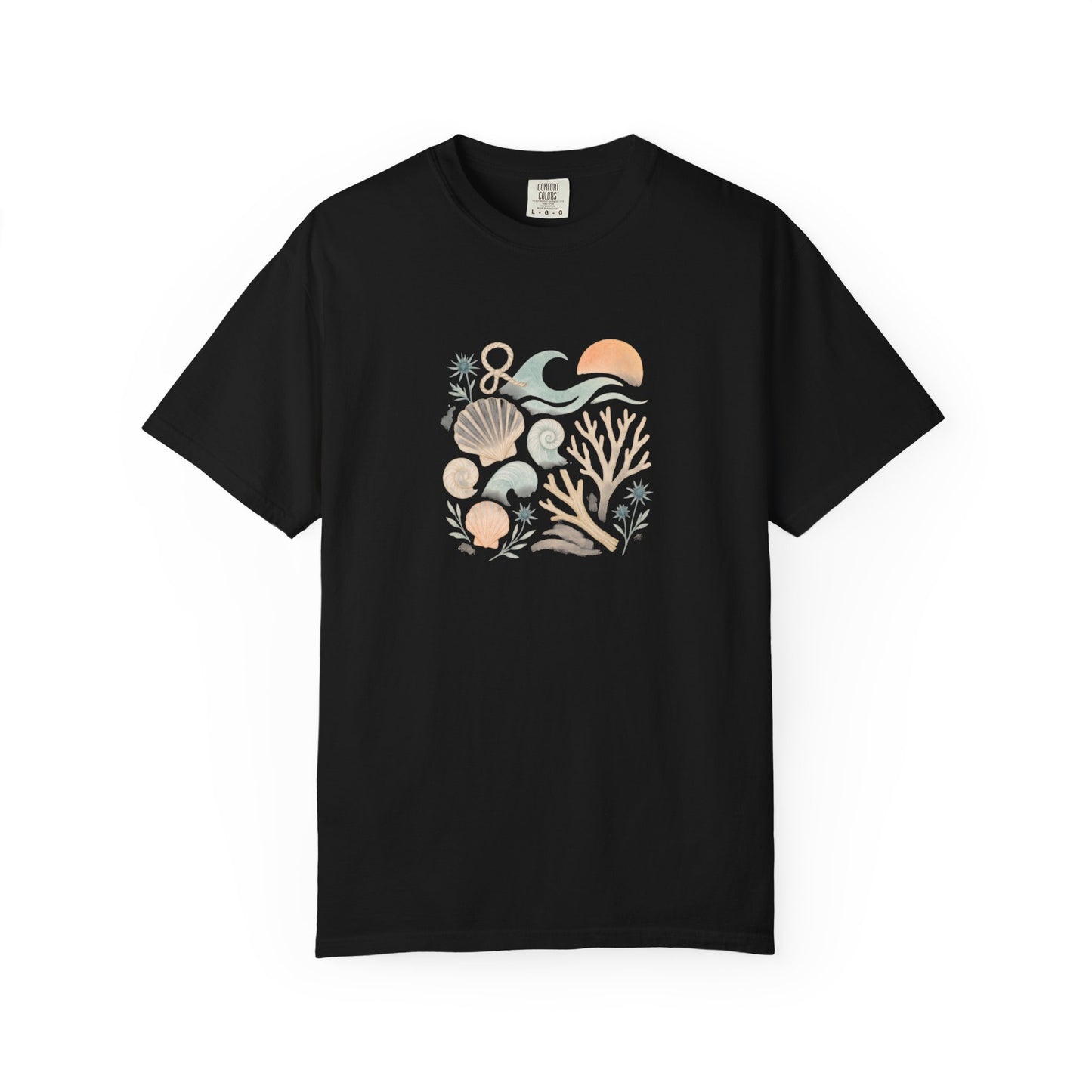 Coastal Seashells and Coral T-Shirt | Beach Wave Sunset Art