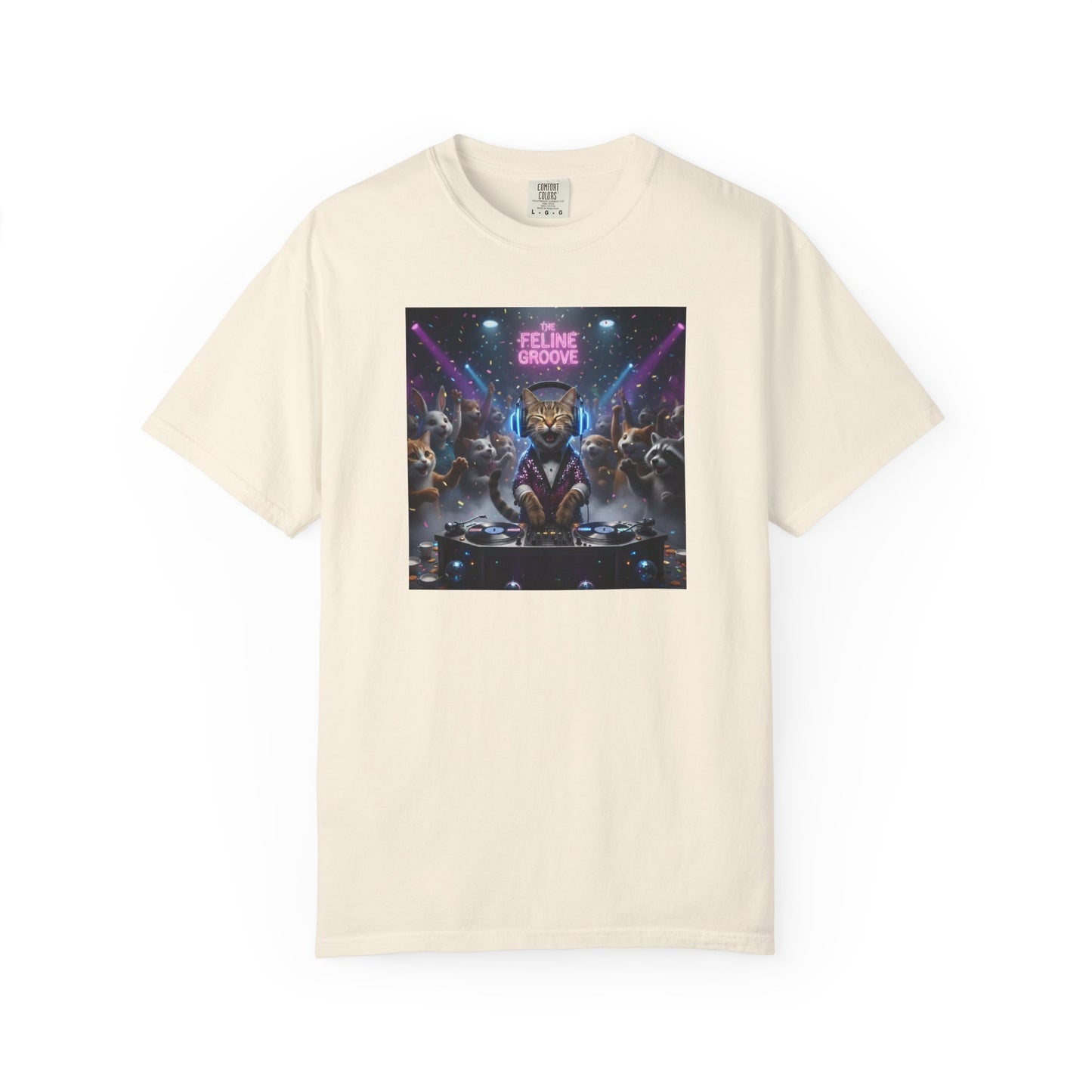 Feline Groove DJ Cat Illustration T-Shirt | Retro Neon Club Scene
