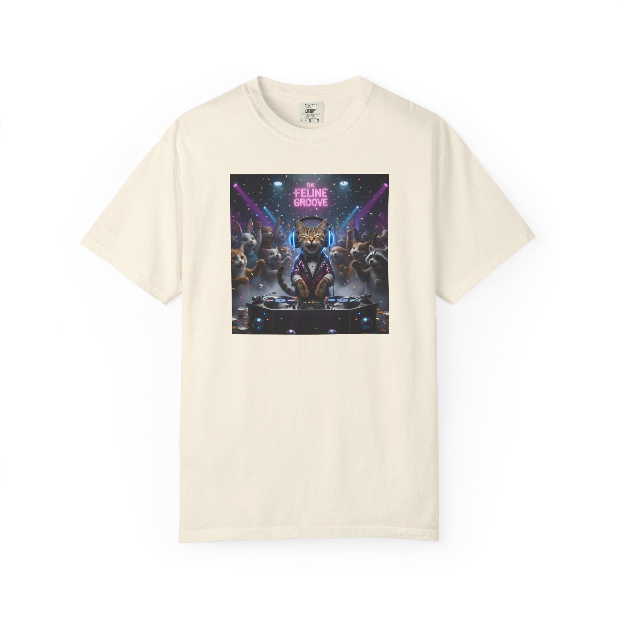 Feline Groove DJ Cat Illustration T-Shirt | Retro Neon Club Scene