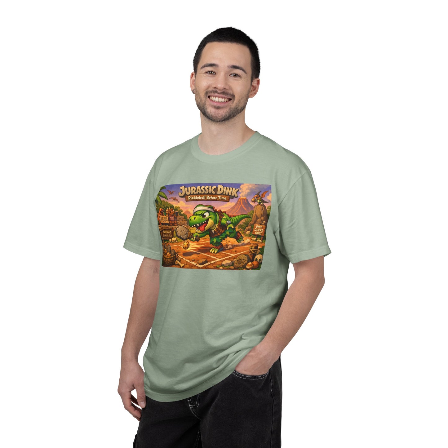 Jurassic Dink Pickleball Dinosaur Arcade Poster T-Shirt | Retro Video Game Shirt