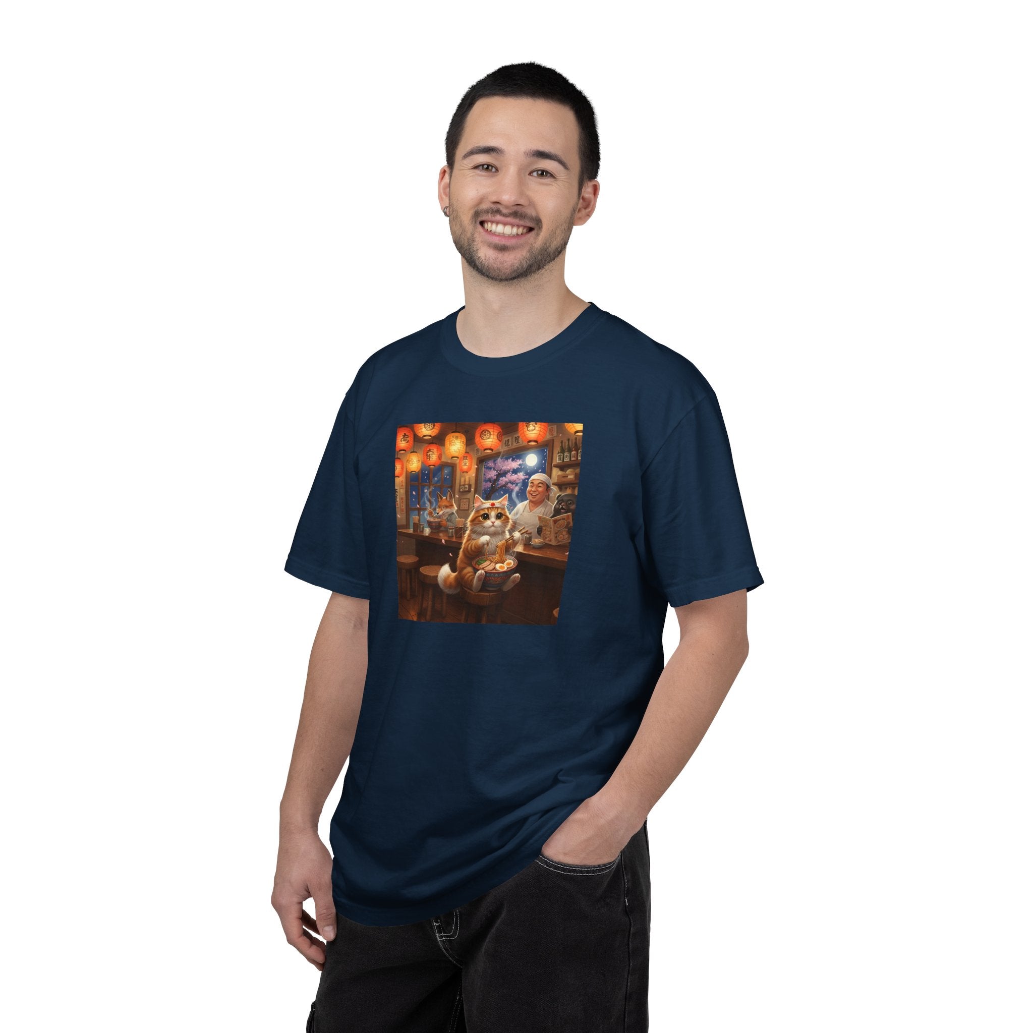 Whiskers and the Wondrous Noodles Cat Bar Ramen Scene T-shirt | Cozy Pub Cat Illustration