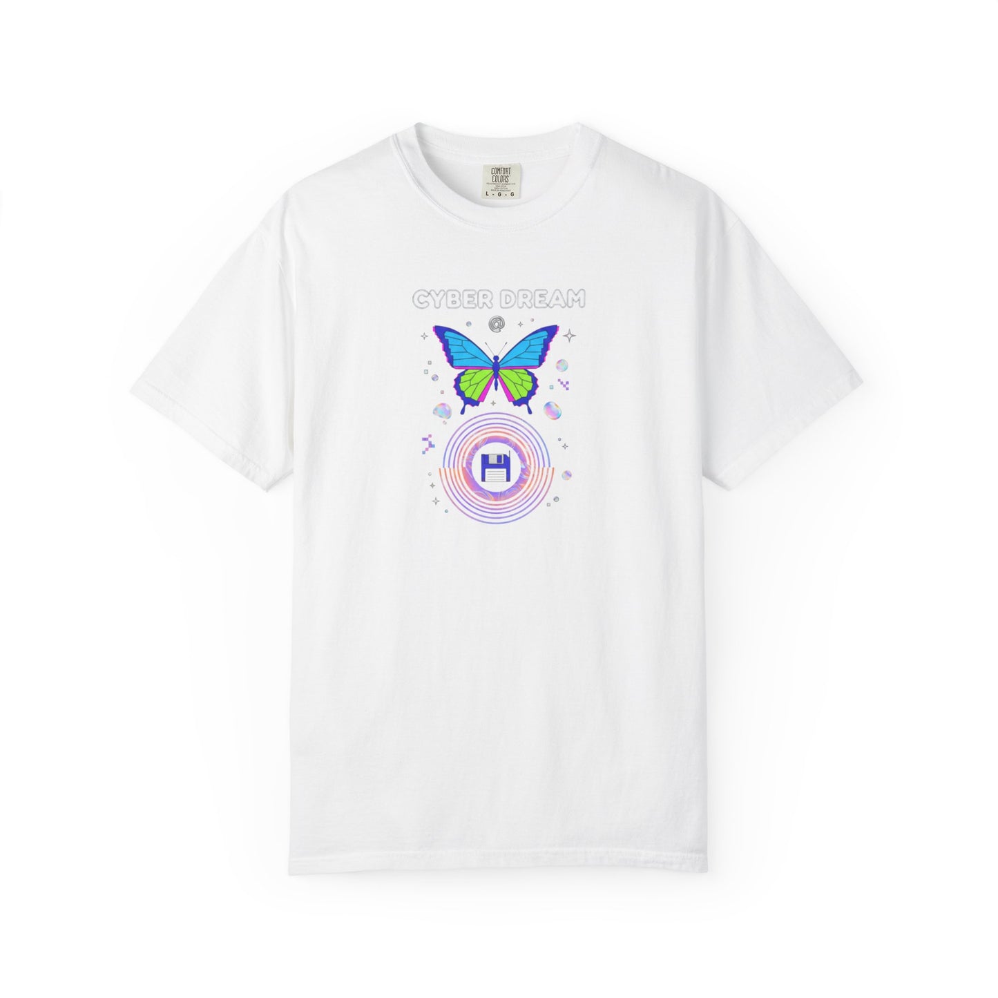 Cyber Dream Butterfly T-shirt | Retro Neon Circle Graphic
