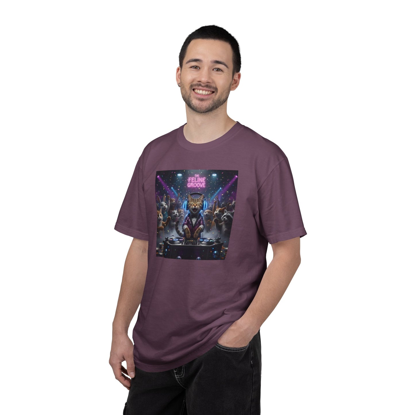Feline Groove DJ Cat Illustration T-Shirt | Retro Neon Club Scene