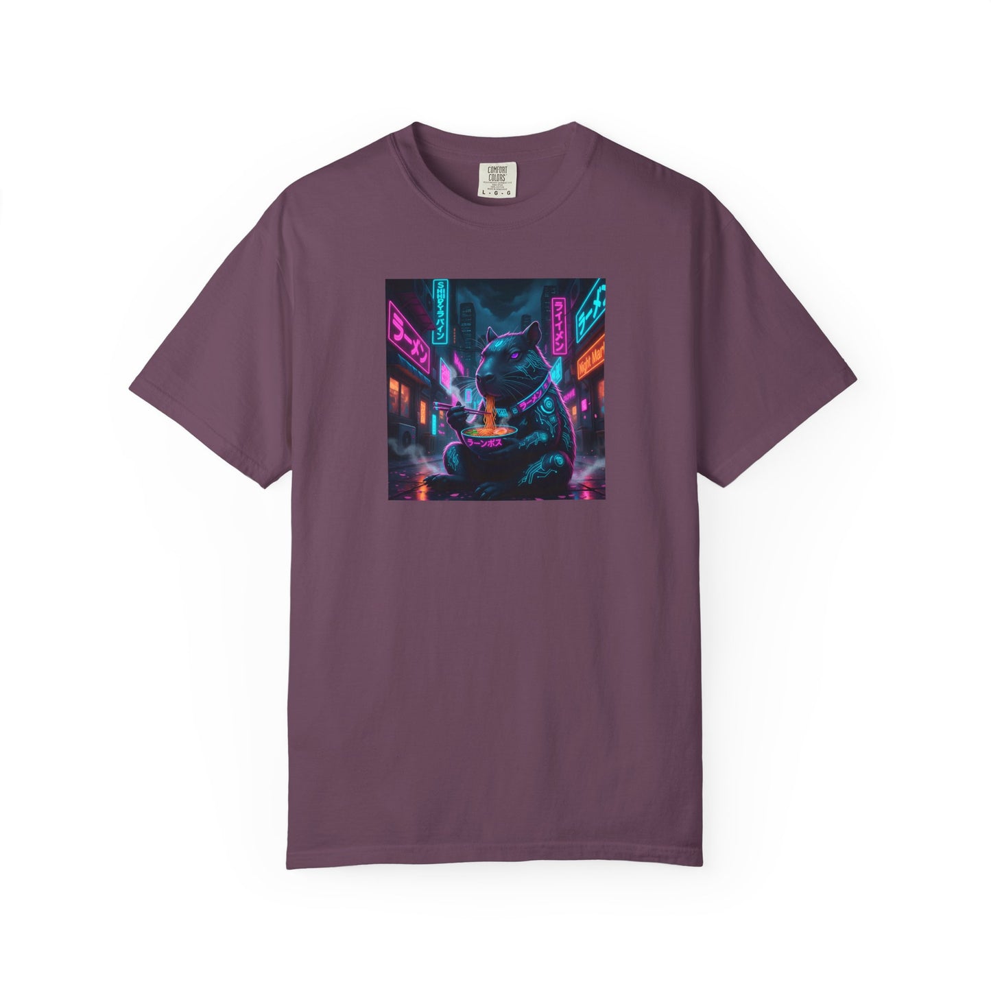 Neon Cyberpunk Capybara Cityscape T-Shirt | Futuristic Night Street Art