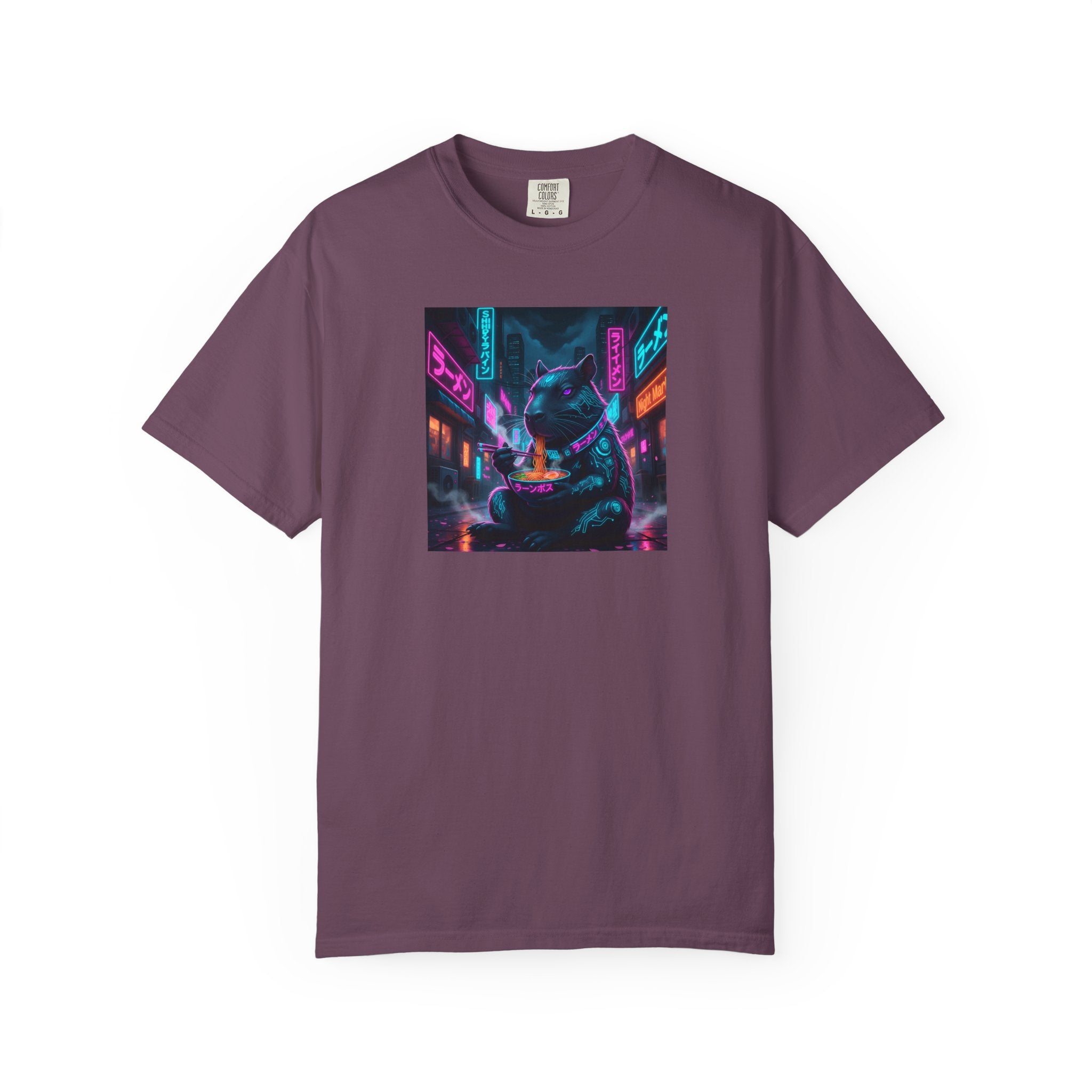 Neon Cyberpunk Capybara Cityscape T-Shirt | Futuristic Night Street Art
