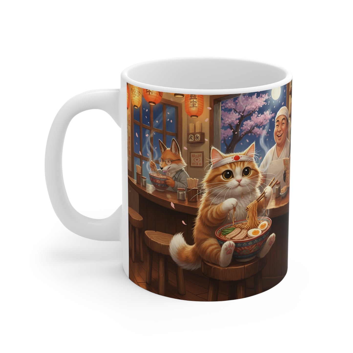 Cozy Cat Ramen Shop Mug | Cute Cat Eating Ramen Ceramic Mug
