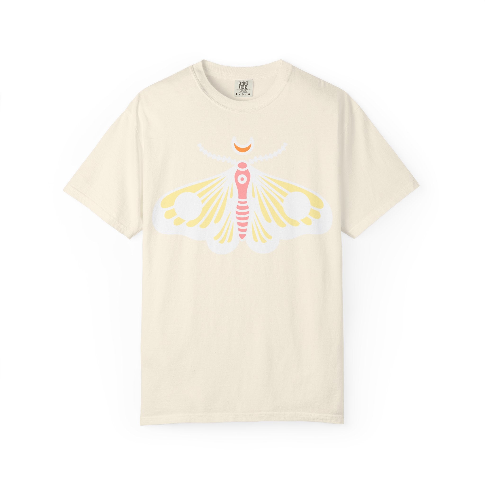 Celestial Moth T-shirt | Pink Yellow Moth with Crescent Moon