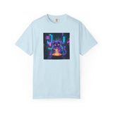 Neon Cyberpunk Cat Mystic Bowl T-shirt | Retro Futuristic Alley Art