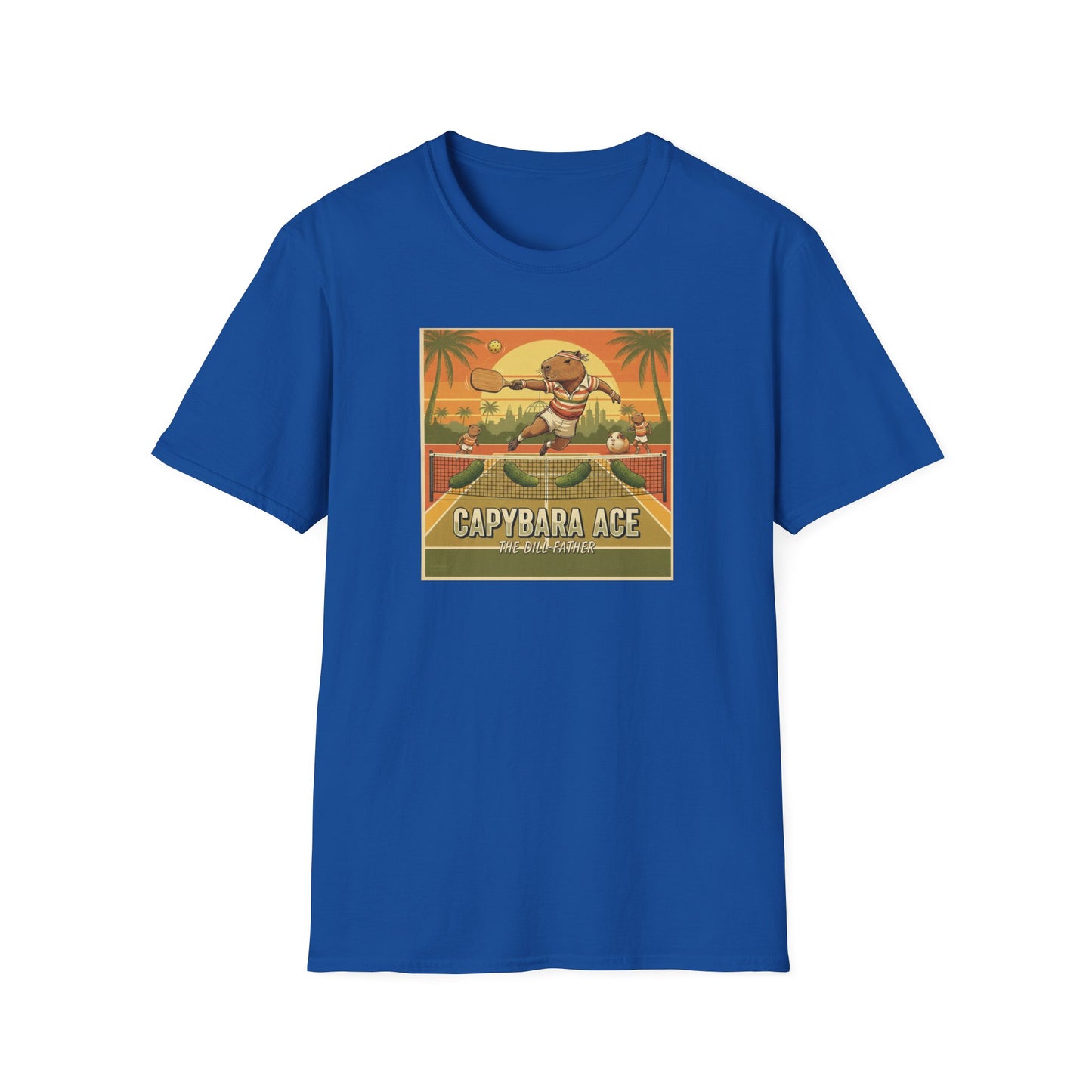 Capybara Ace Pickleball Player T-Shirt | Retro Tropical Court Design