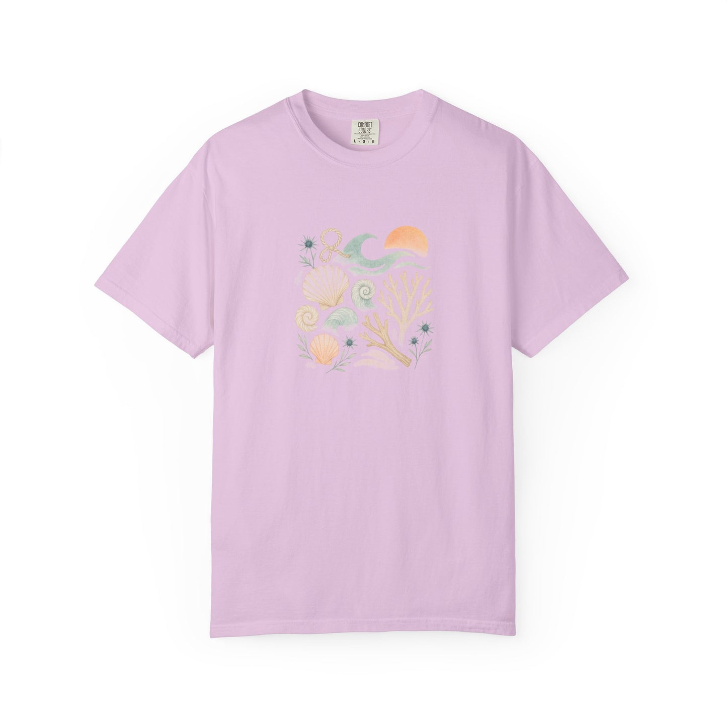Coastal Seashells and Coral T-Shirt | Beach Wave Sunset Art