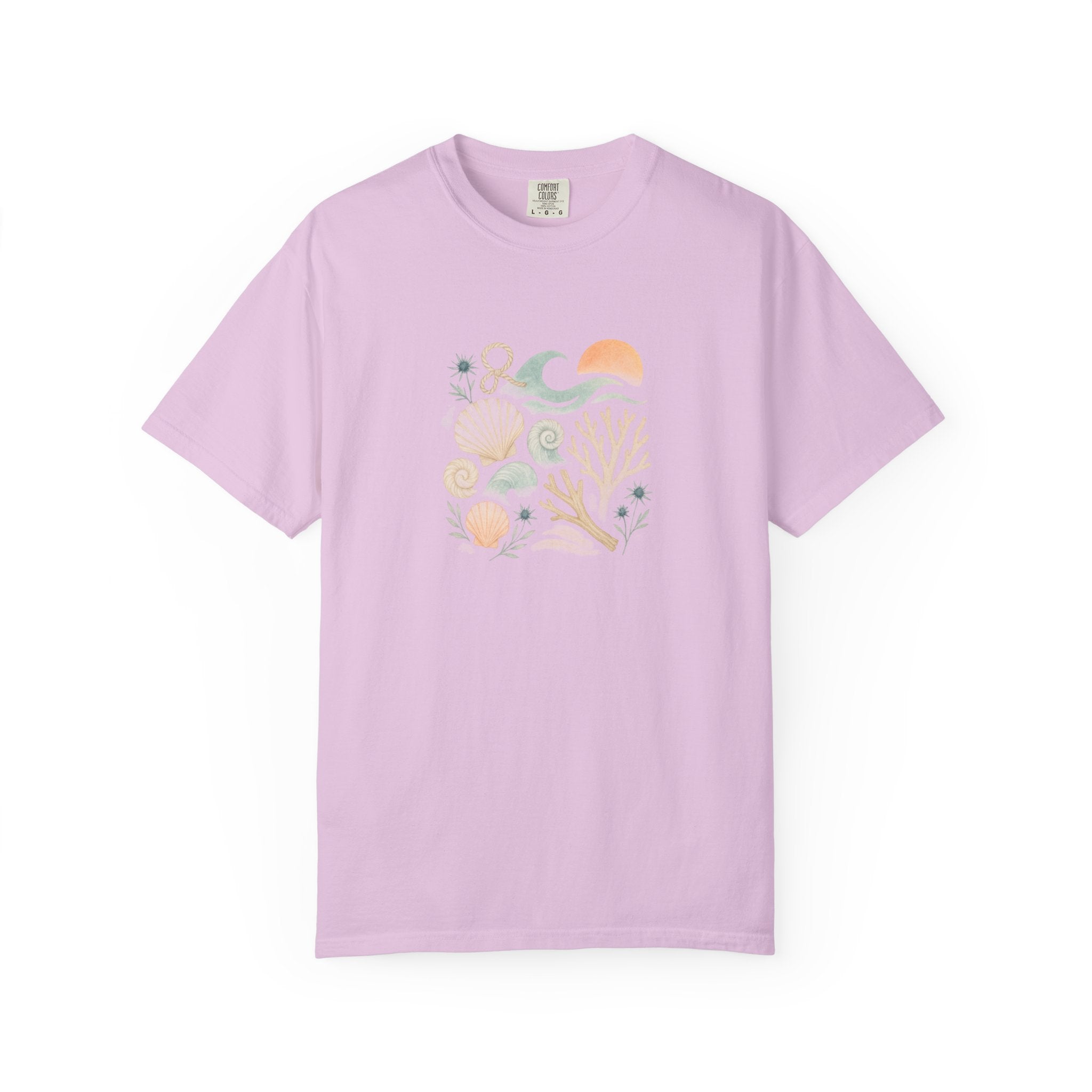Coastal Seashells and Coral T-Shirt | Beach Wave Sunset Art