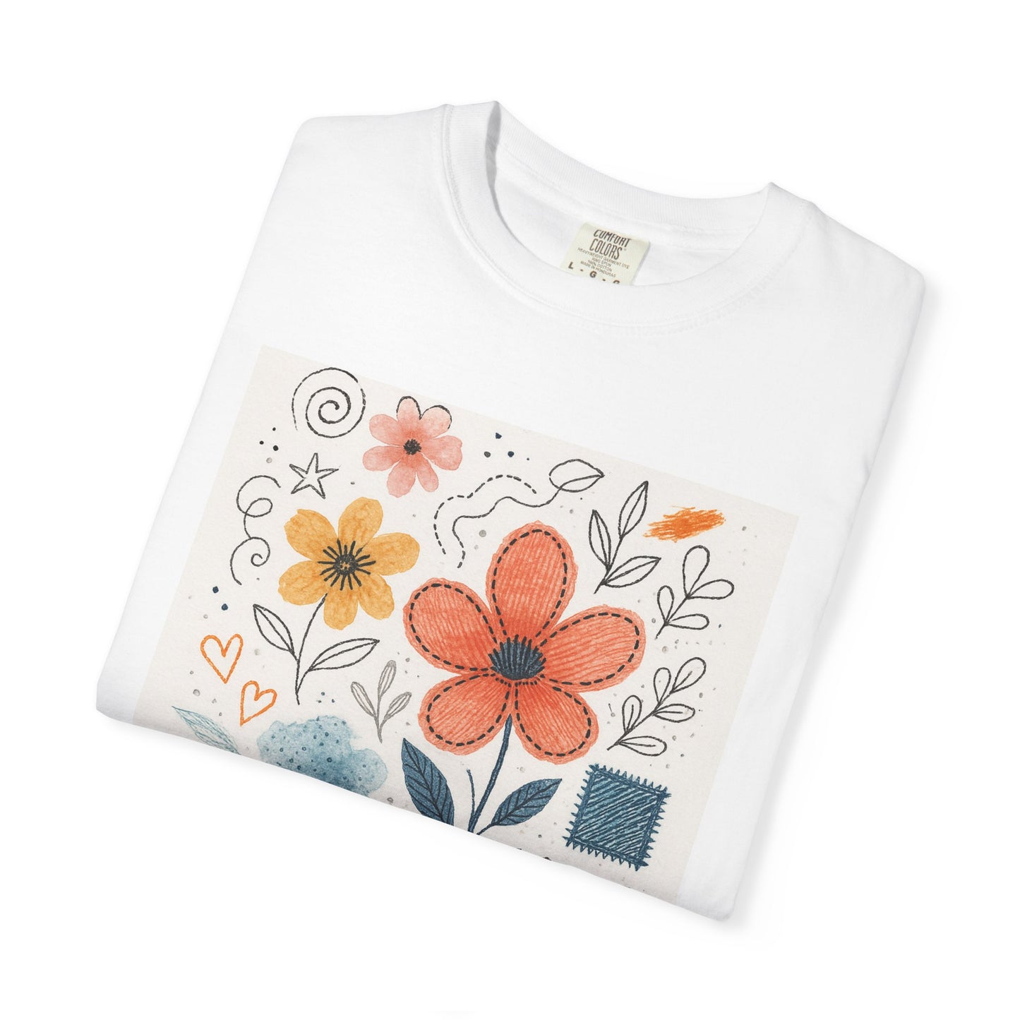 Hand-drawn Watercolor Floral Doodles T-shirt | Linocut & Embroidery Texture