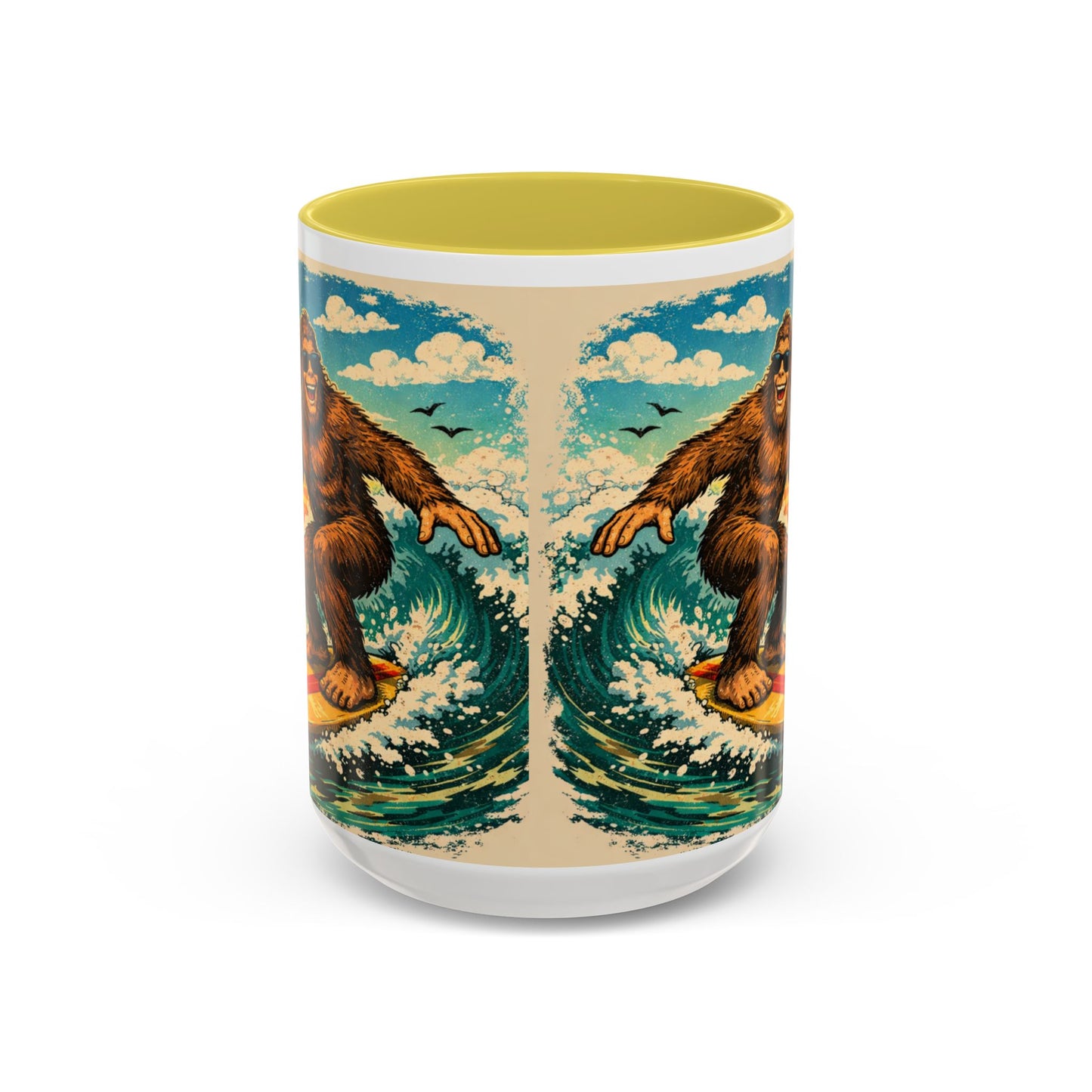 Surfing Bigfoot Mug | Retro Beach Sunset Bigfoot Wave Coffee Cup