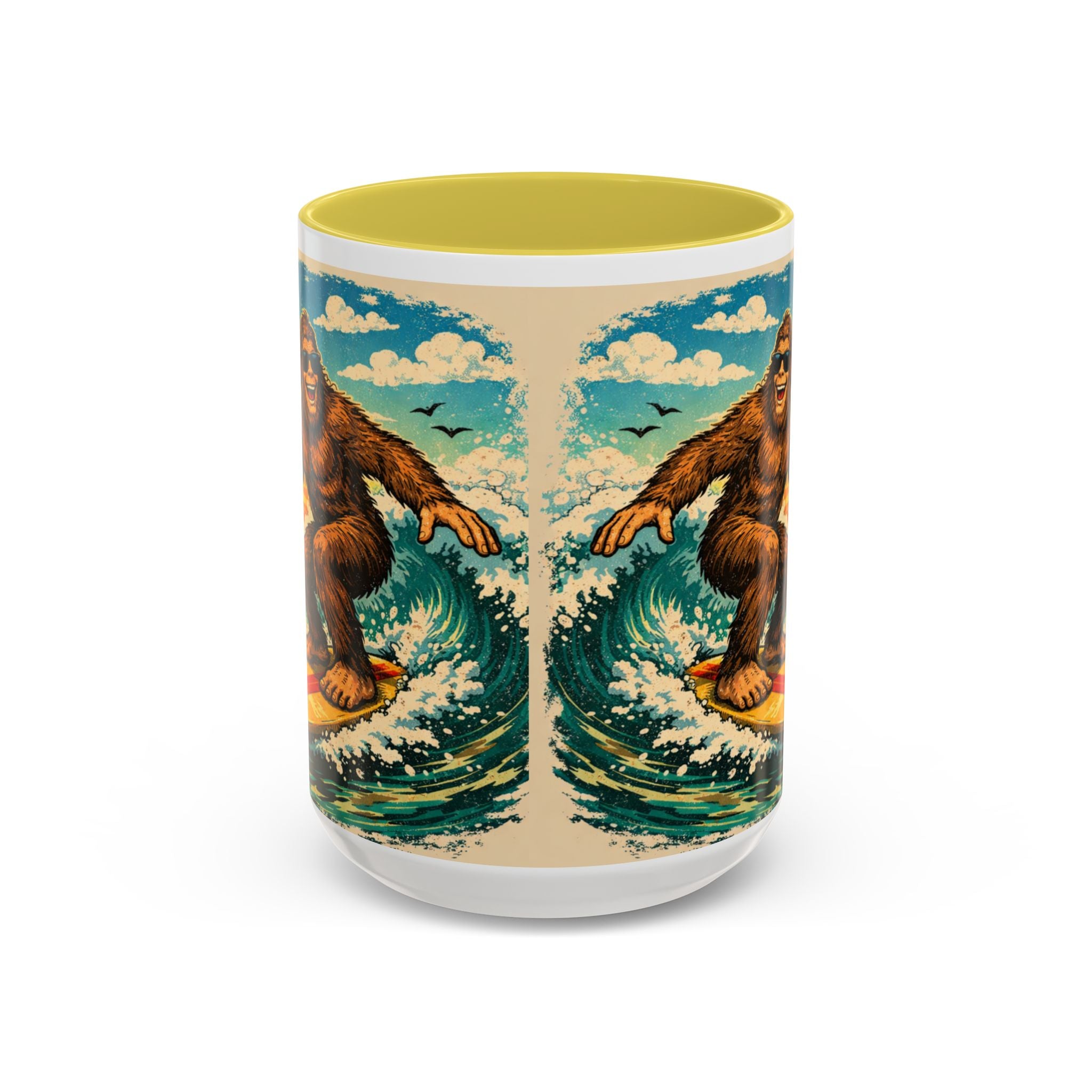 Surfing Bigfoot Mug | Retro Beach Sunset Bigfoot Wave Coffee Cup