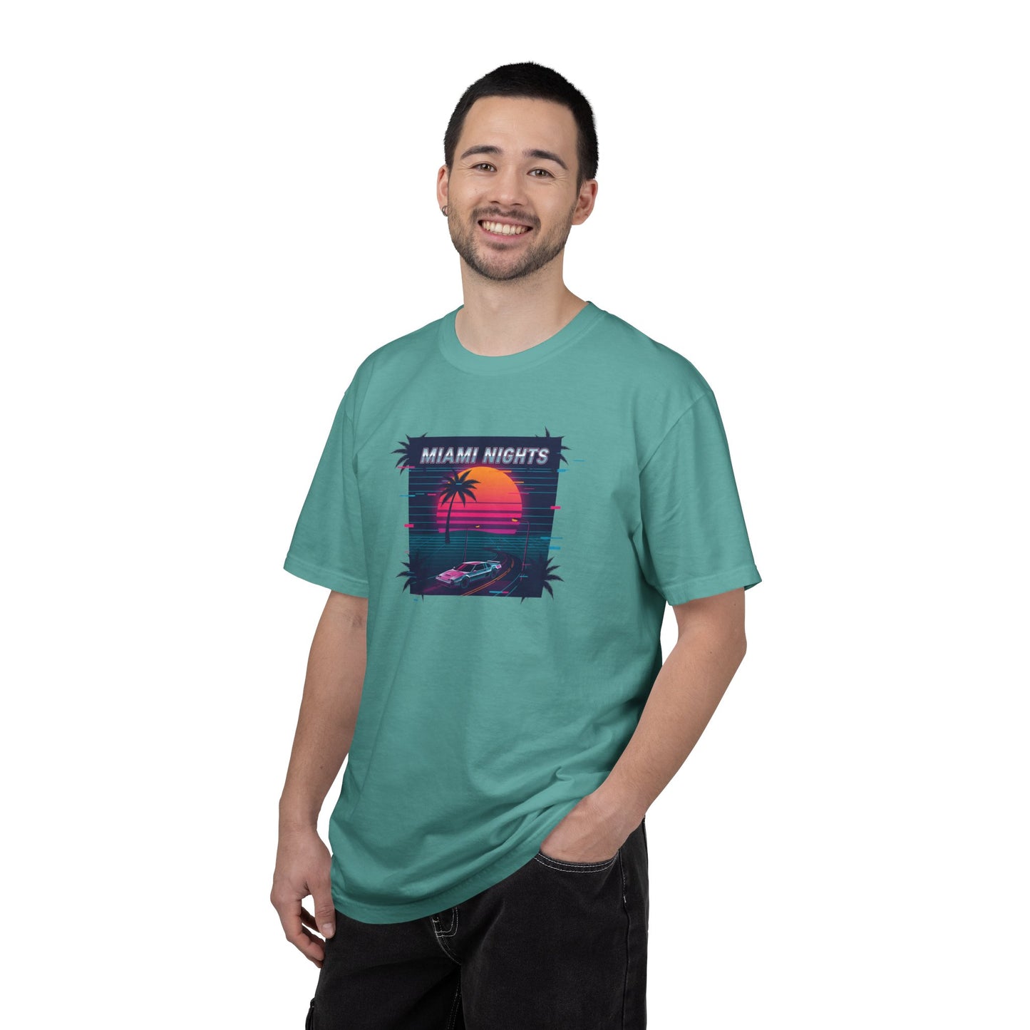 Miami Nights Sunset Palm T-shirt | Retro Vaporwave Beach Scene