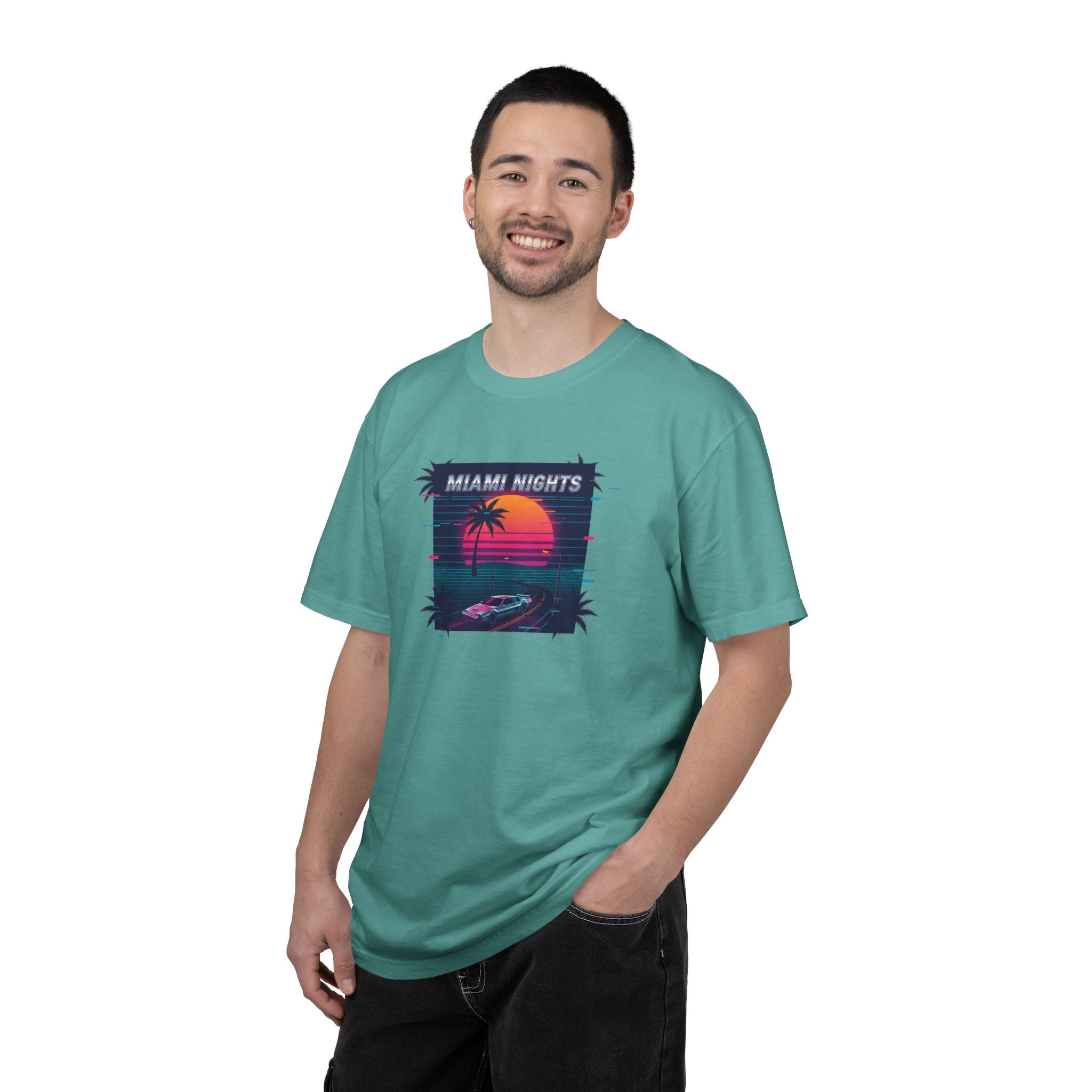 Miami Nights Sunset Palm T-shirt | Retro Vaporwave Beach Scene