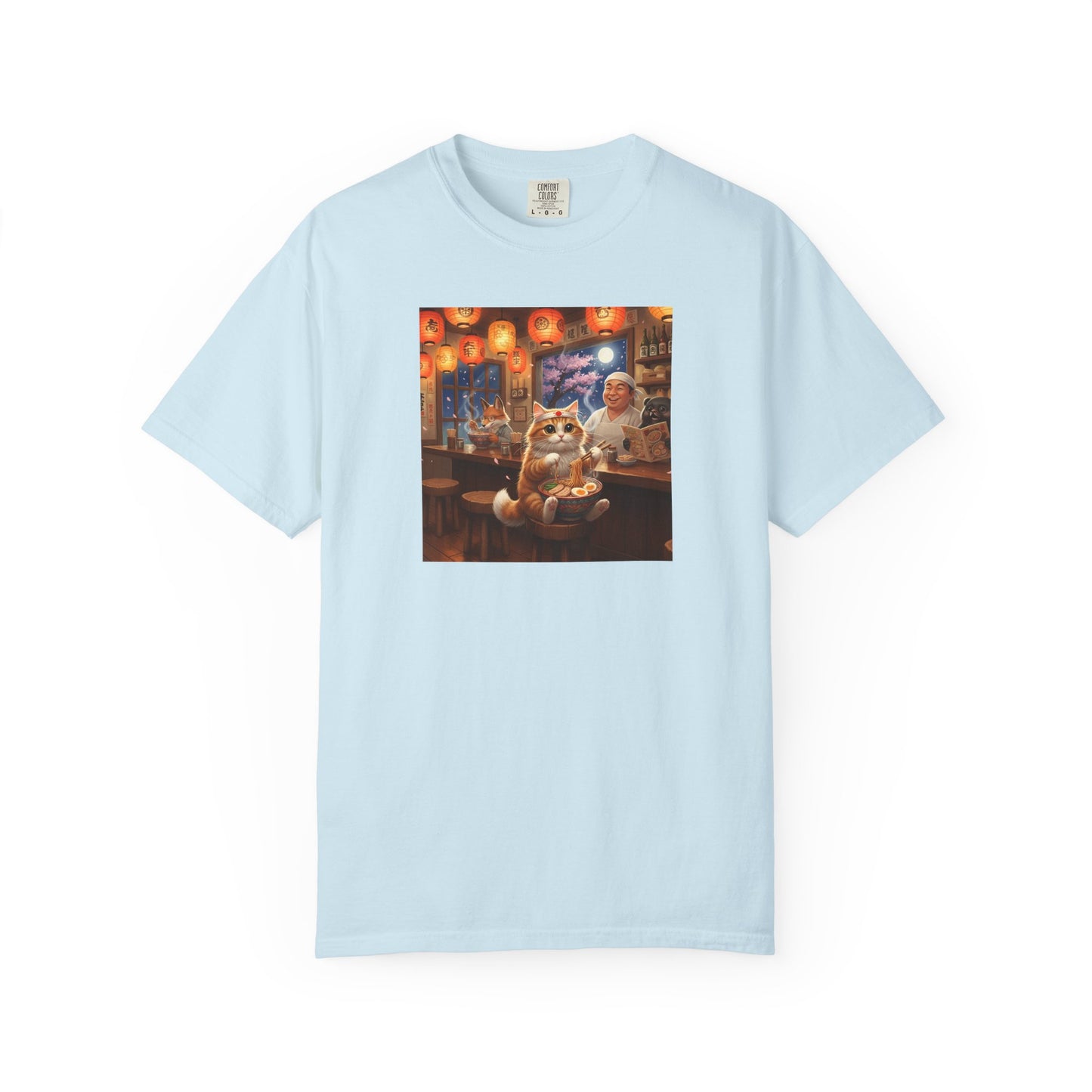 Whiskers and the Wondrous Noodles Cat Bar Ramen Scene T-shirt | Cozy Pub Cat Illustration