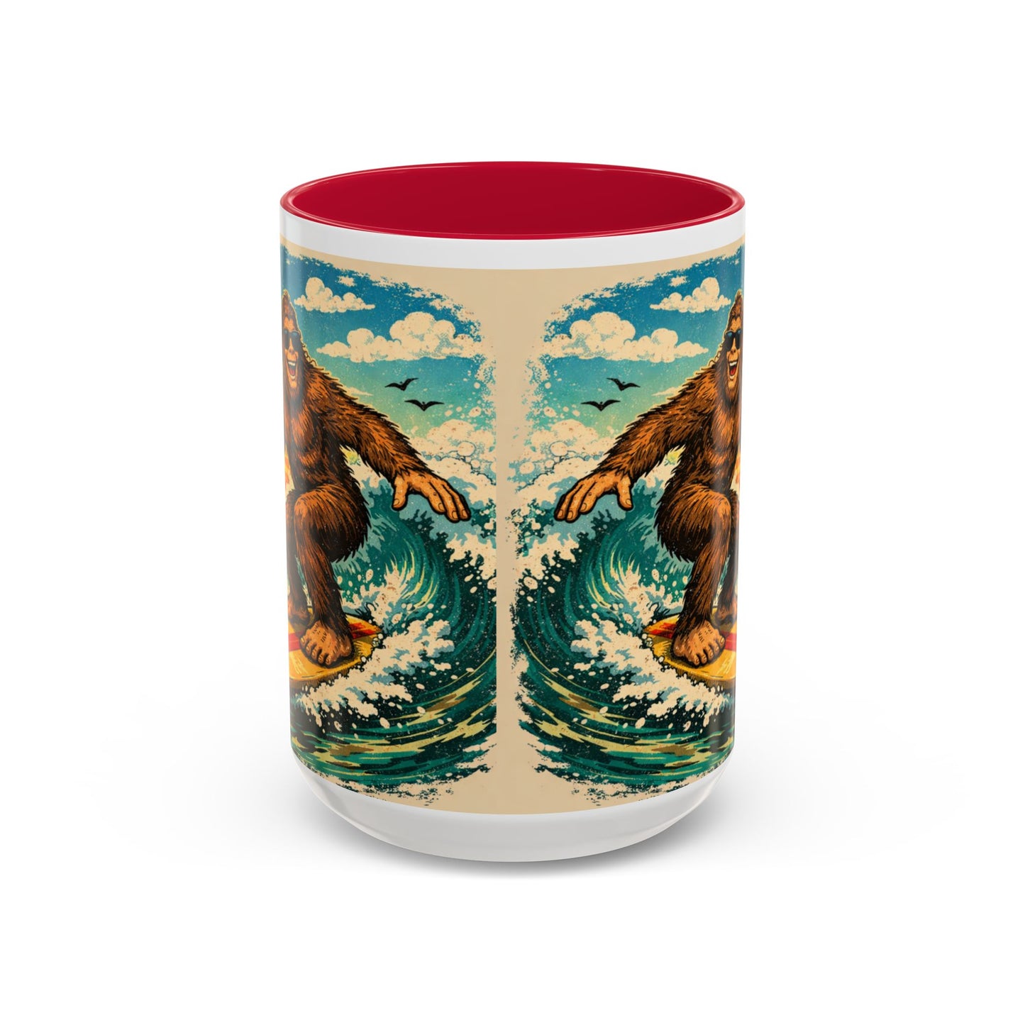Surfing Bigfoot Mug | Retro Beach Sunset Bigfoot Wave Coffee Cup