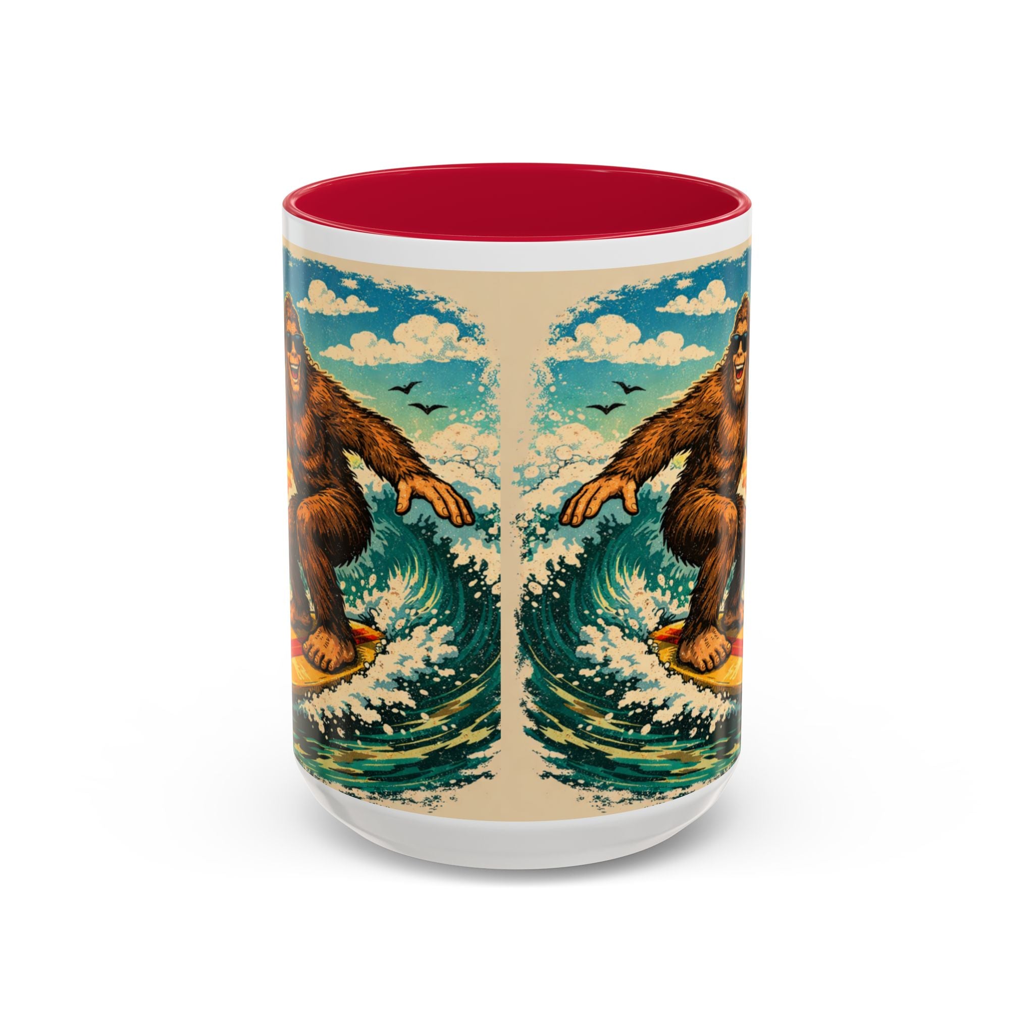 Surfing Bigfoot Mug | Retro Beach Sunset Bigfoot Wave Coffee Cup