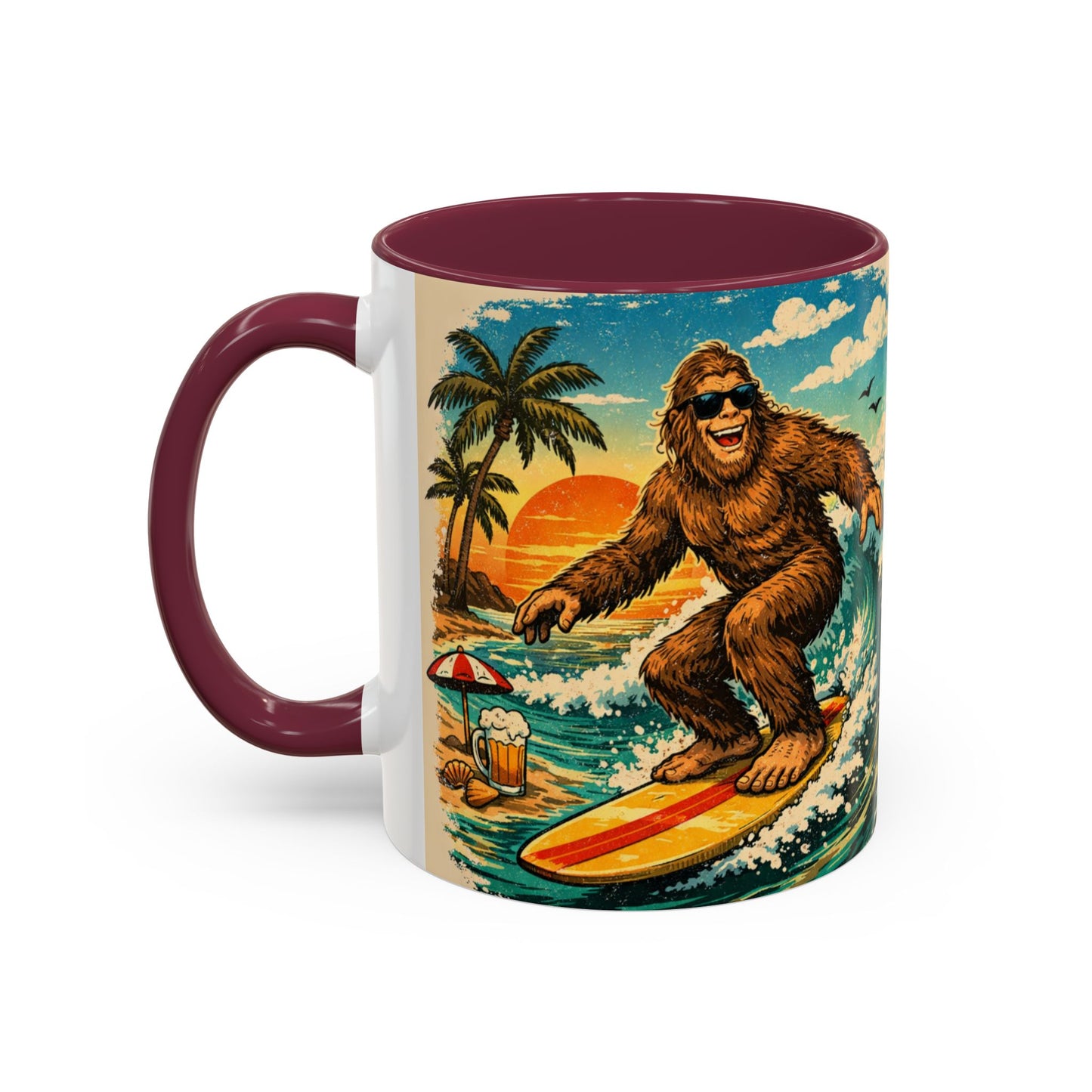 Surfing Bigfoot Mug | Retro Beach Sunset Bigfoot Wave Coffee Cup