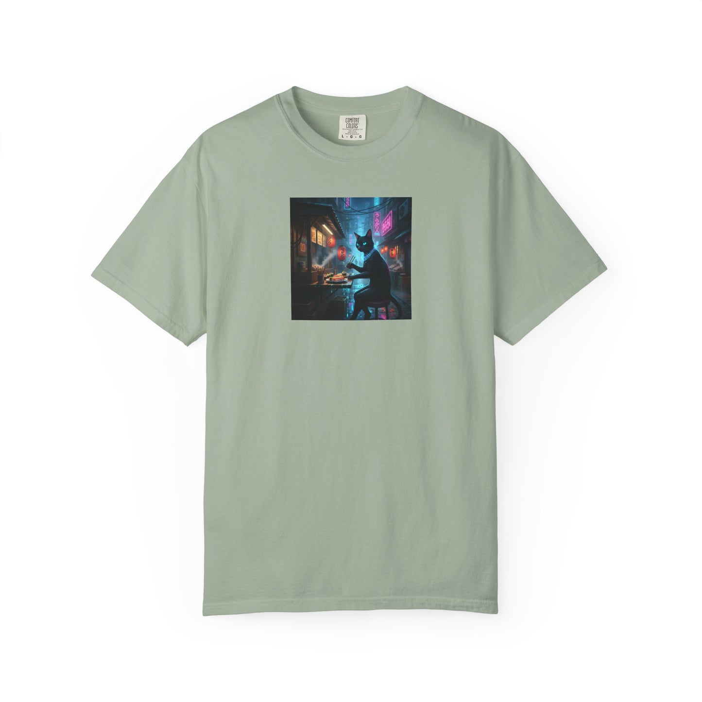 Cyberpunk Cat Sushi T-shirt | Neon Japan Noir