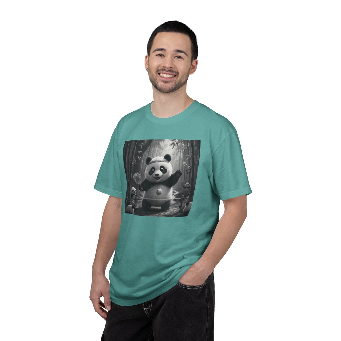 Panda Pickleball Bamboo Forest T-Shirt | Monochrome Kawaii Sports Decor