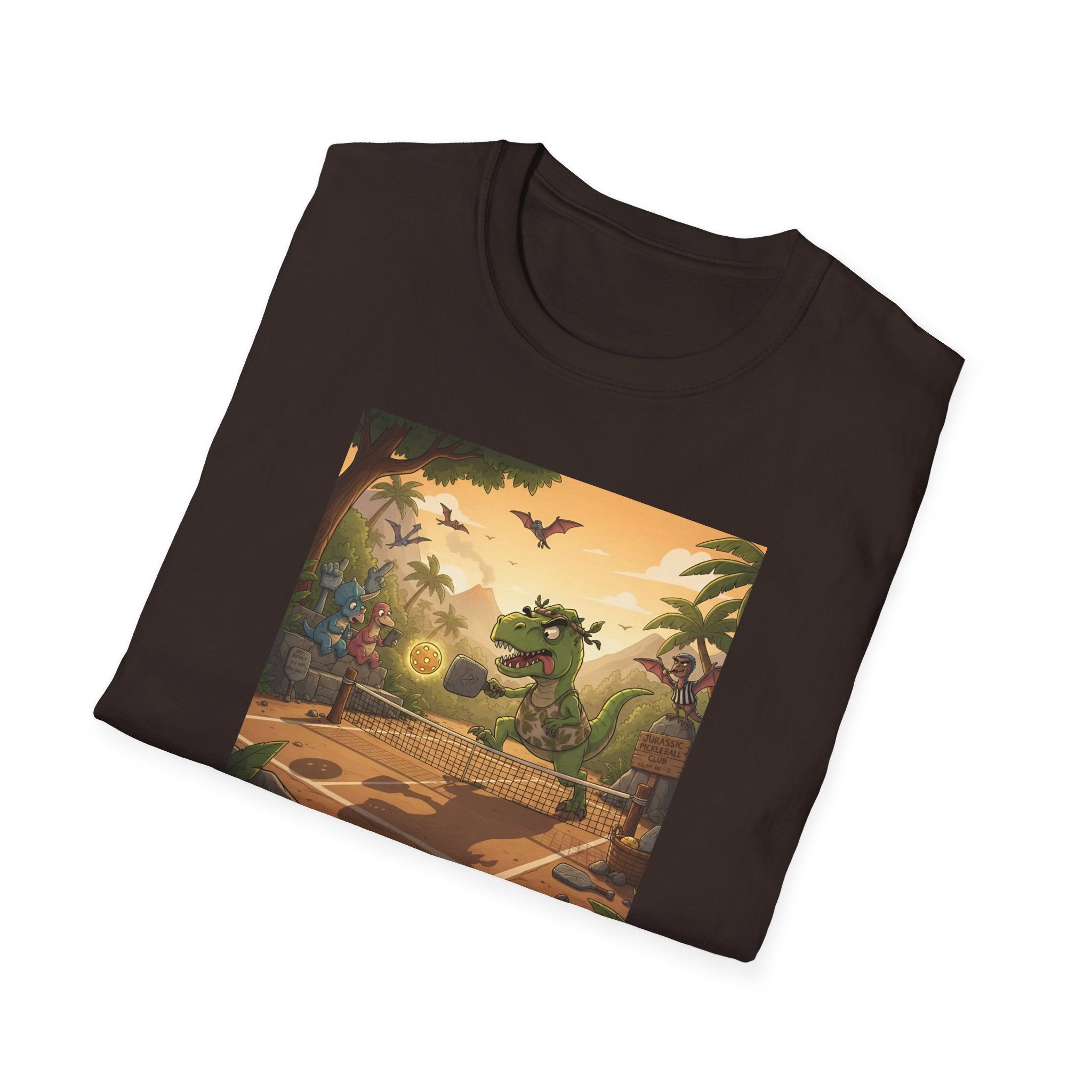 Jurassic Pickleball Club | Retro Tropical Dino Illustration T-Shirt