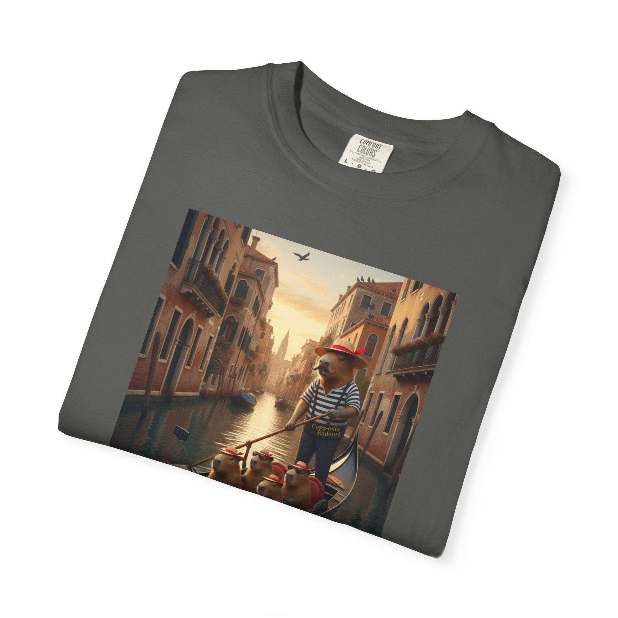 Capybara Venice Gondola Sunset T-shirt | Scenic Canal Travel Art
