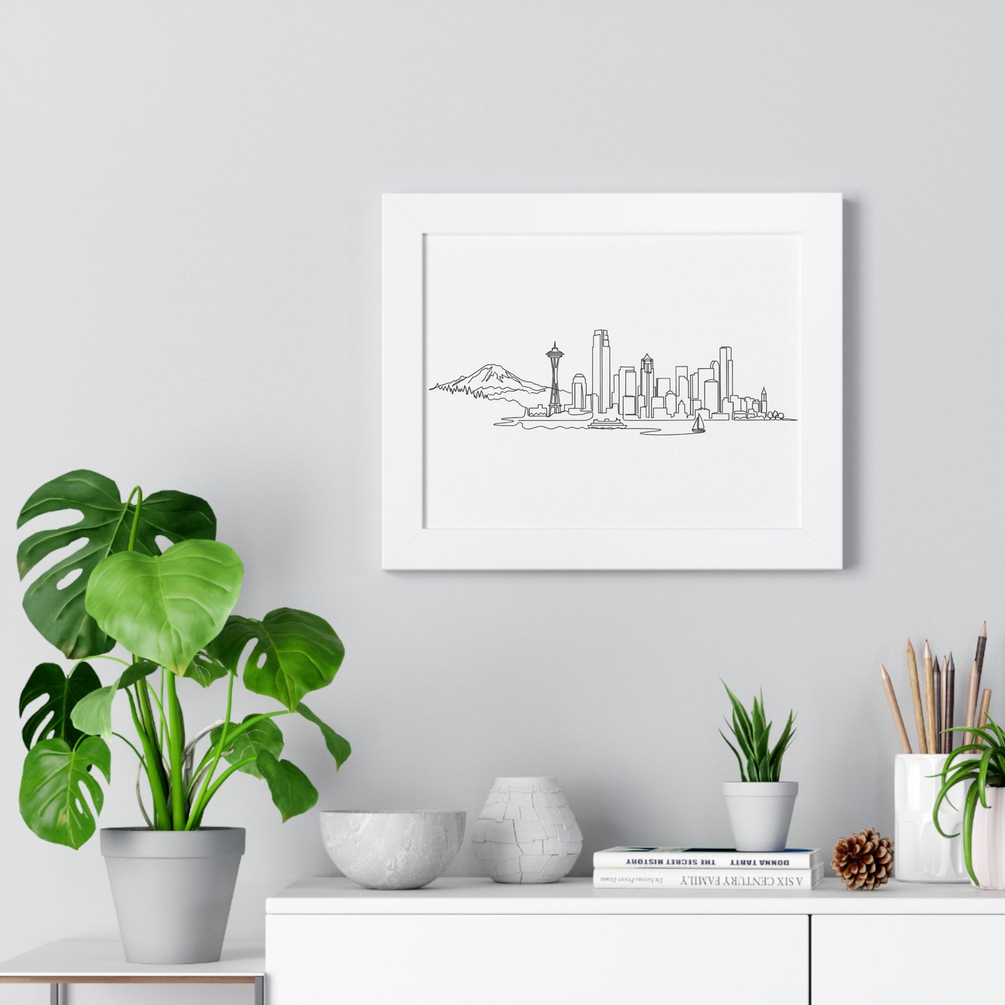 Seattle Emerald City Hand-Drawn Skyline Poster Framed Horizontal