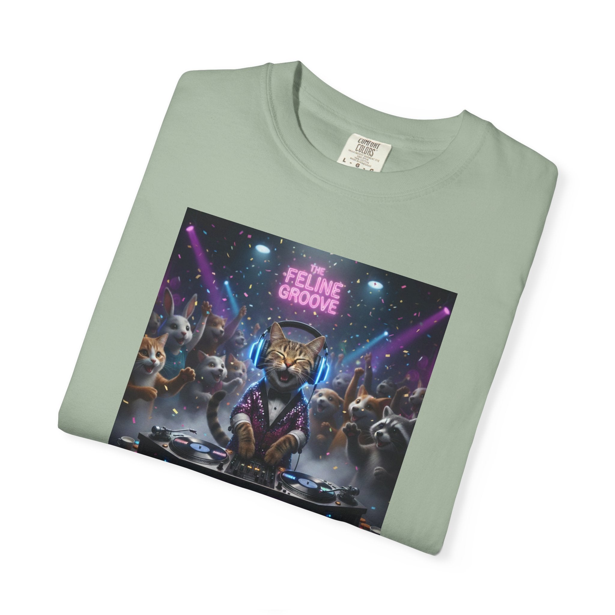 Feline Groove DJ Cat Illustration T-Shirt | Retro Neon Club Scene