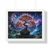 Celestial Magical Bonsai Tree Art Print, Fantasy Galaxy Tree of Life Wall Decor, Glowing Zen Garden Poster, Whimsical Mythical Landscape Art