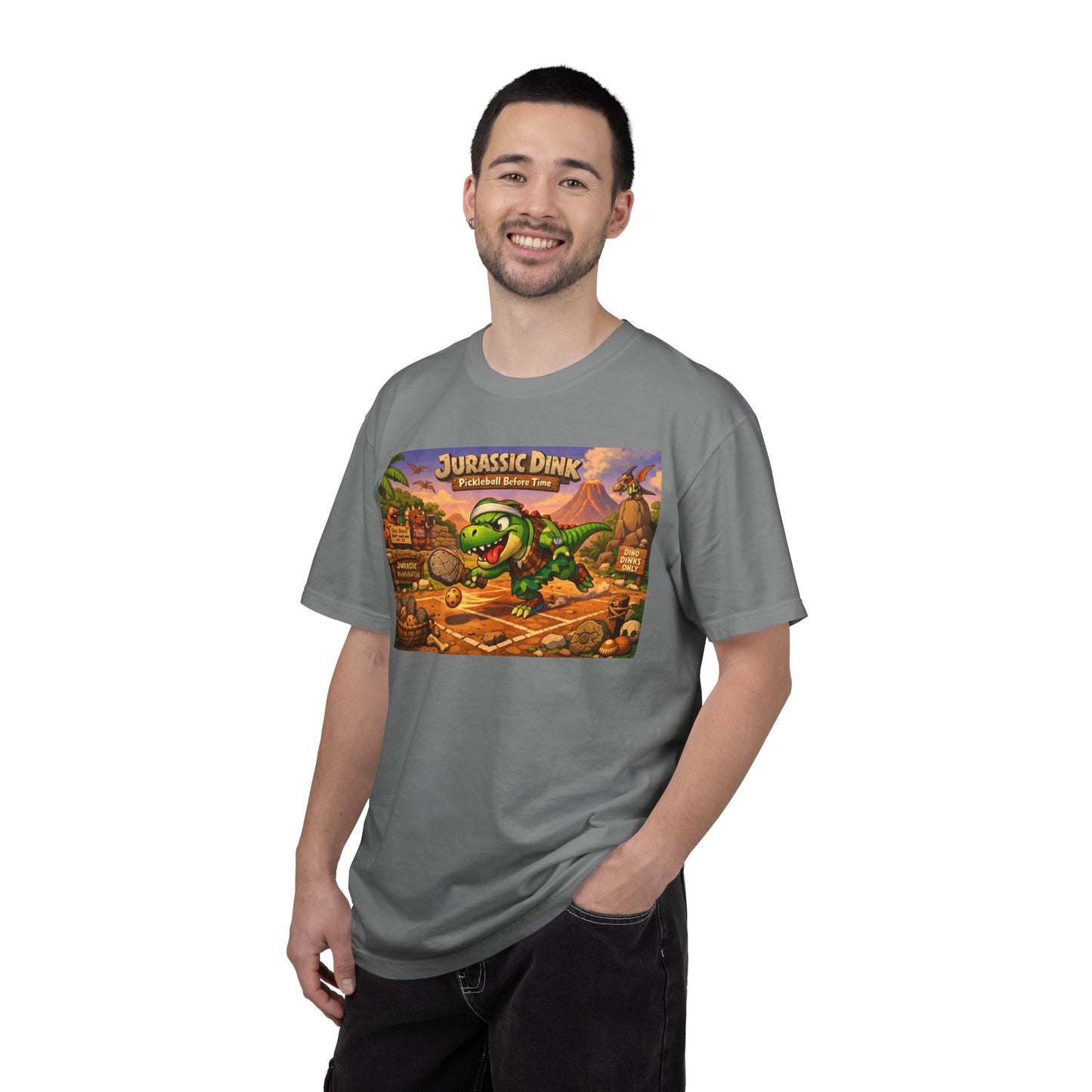 Jurassic Dink Pickleball Dinosaur Arcade Poster T-Shirt | Retro Video Game Shirt