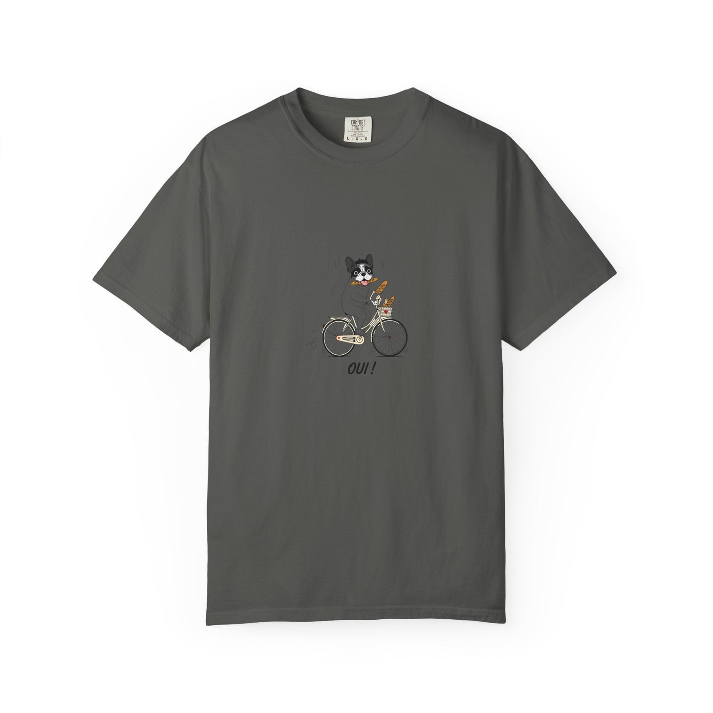 French Bulldog on Bicycle T-shirt | Cute Dog Illustration, 'Oui!' Text