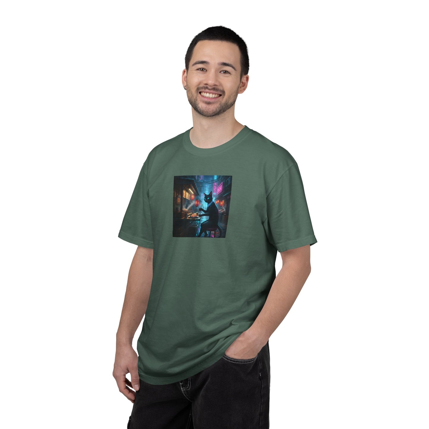 Cyberpunk Cat Sushi T-shirt | Neon Japan Noir