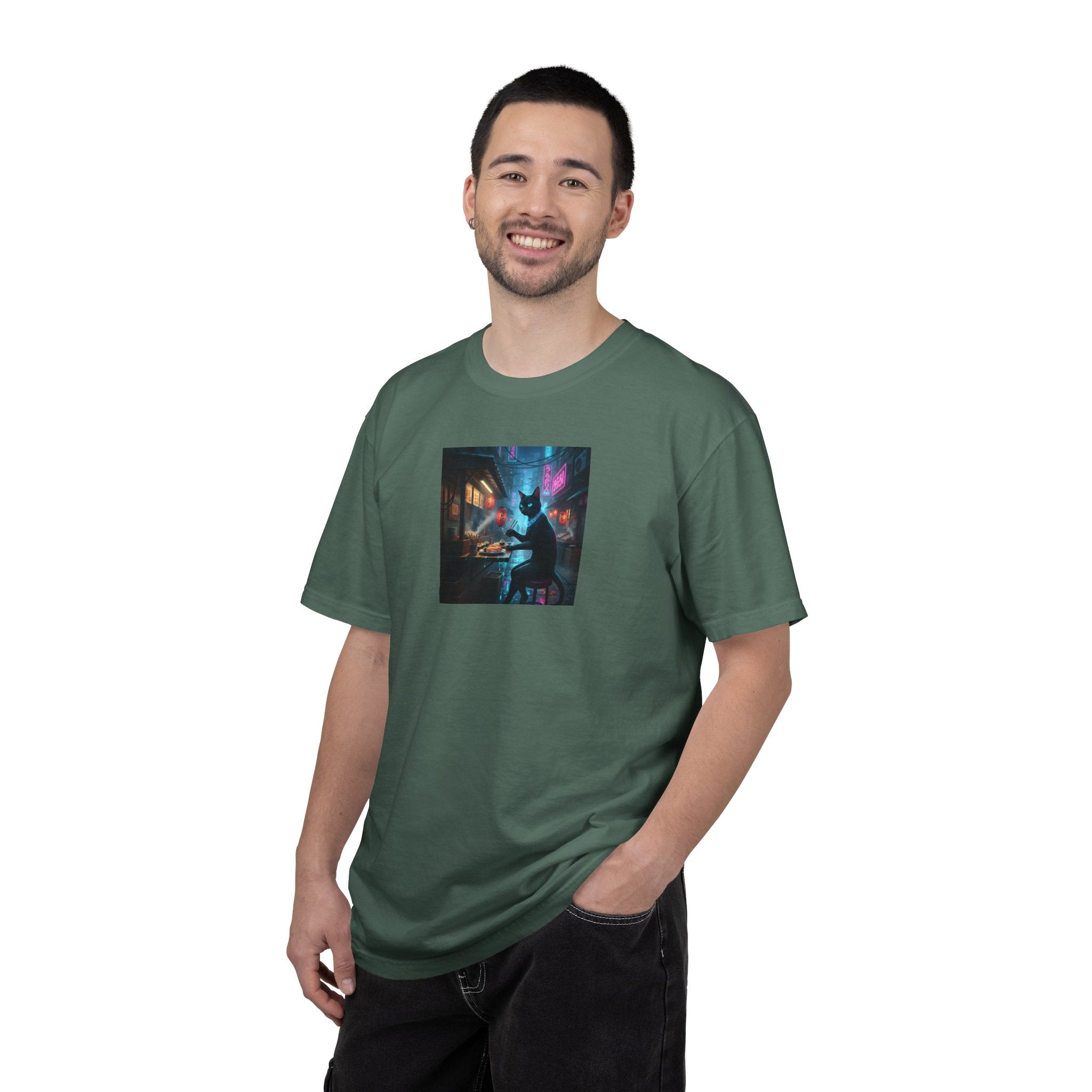 Cyberpunk Cat Sushi T-shirt | Neon Japan Noir