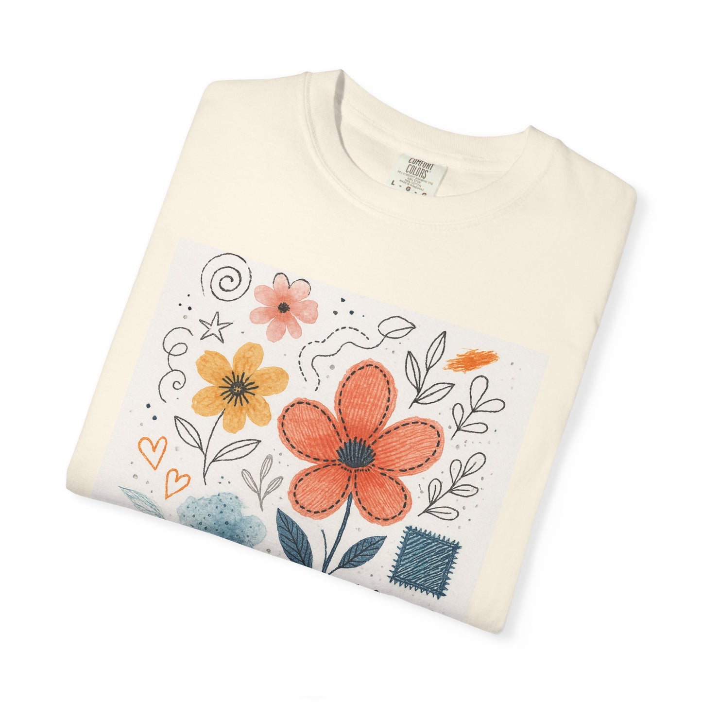 Hand-drawn Watercolor Floral Doodles T-shirt | Linocut & Embroidery Texture