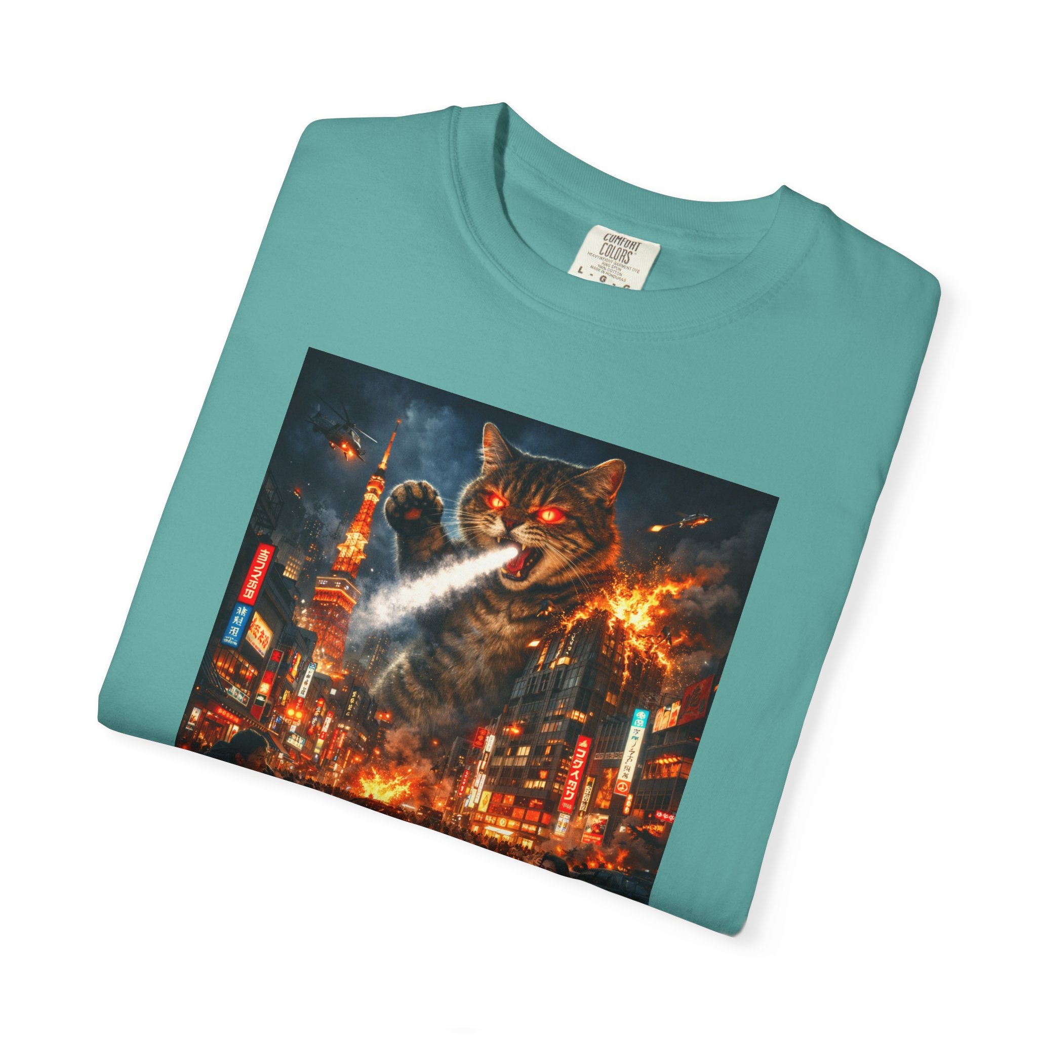 Giant Catzilla Kaiju Rampage T-Shirt | Neon City Monster Battle