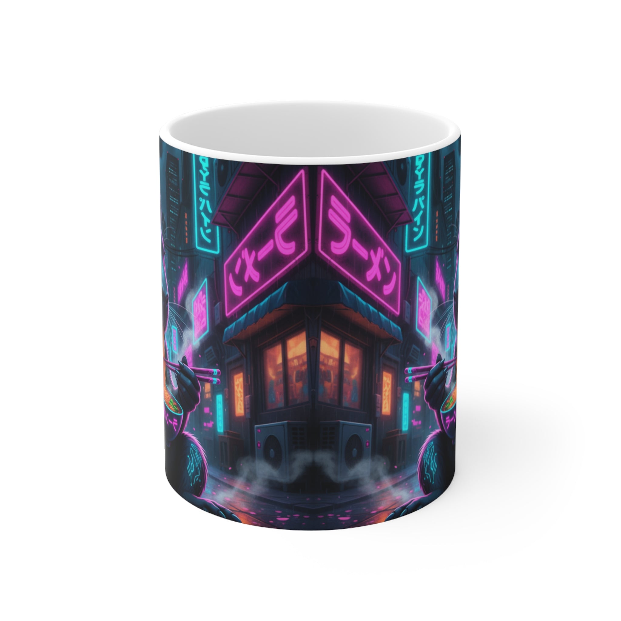 CyberPunk Capybara Ramen Mug | Cyberpunk City Nightscape, 11oz Ceramic
