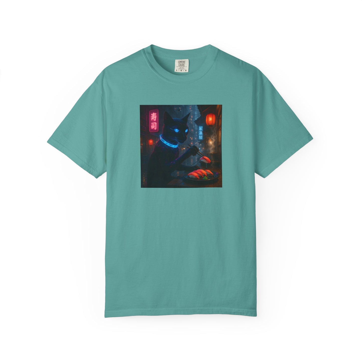 Neon Cyber Cat Sushi Shibuya T-shirt | Dark Alley Japanese Streetwear