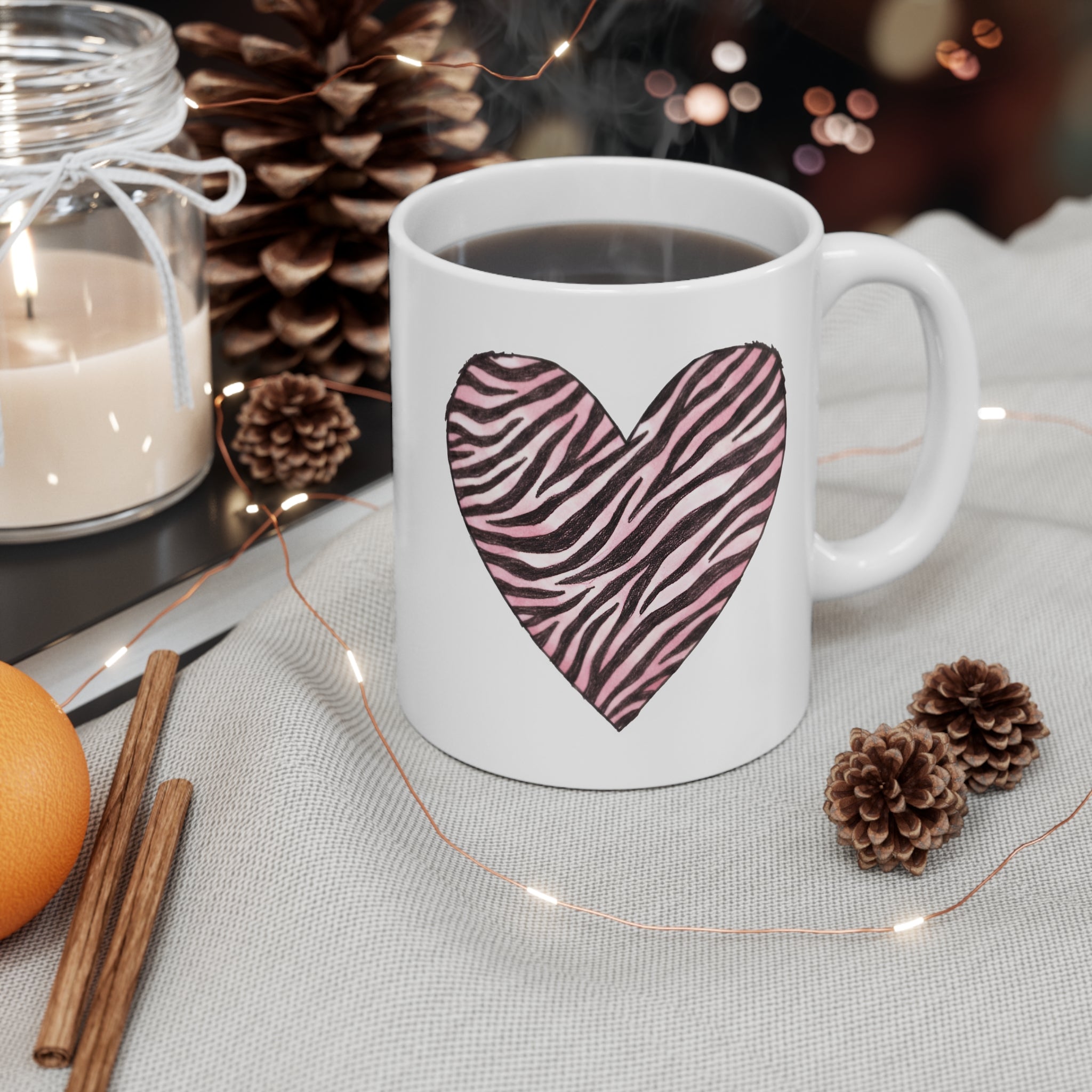 Pink Zebra Heart Mug | Animal Print Heart Coffee Cup