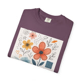 Hand-drawn Watercolor Floral Doodles T-shirt | Linocut & Embroidery Texture