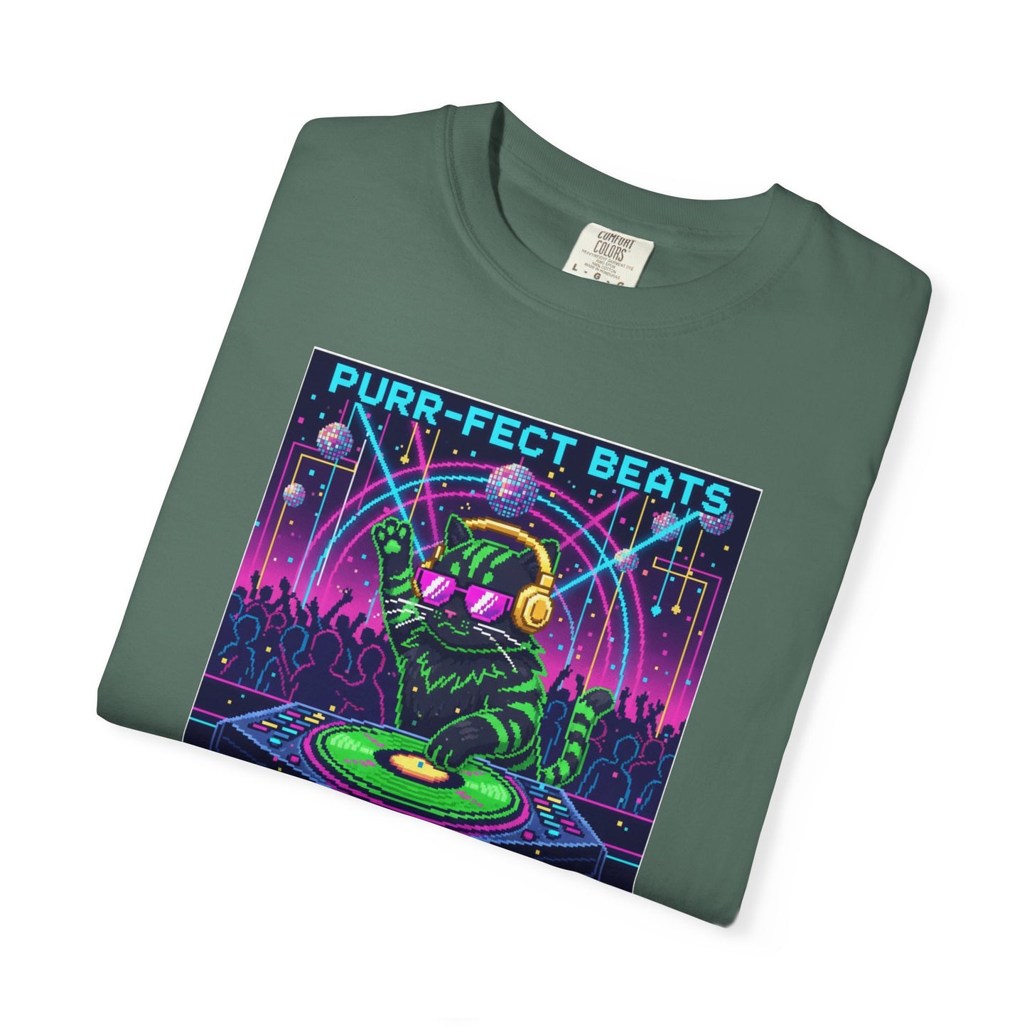 Purr-fect Beats Rave Feline DJ cat T-shirt | Neon EDM club design