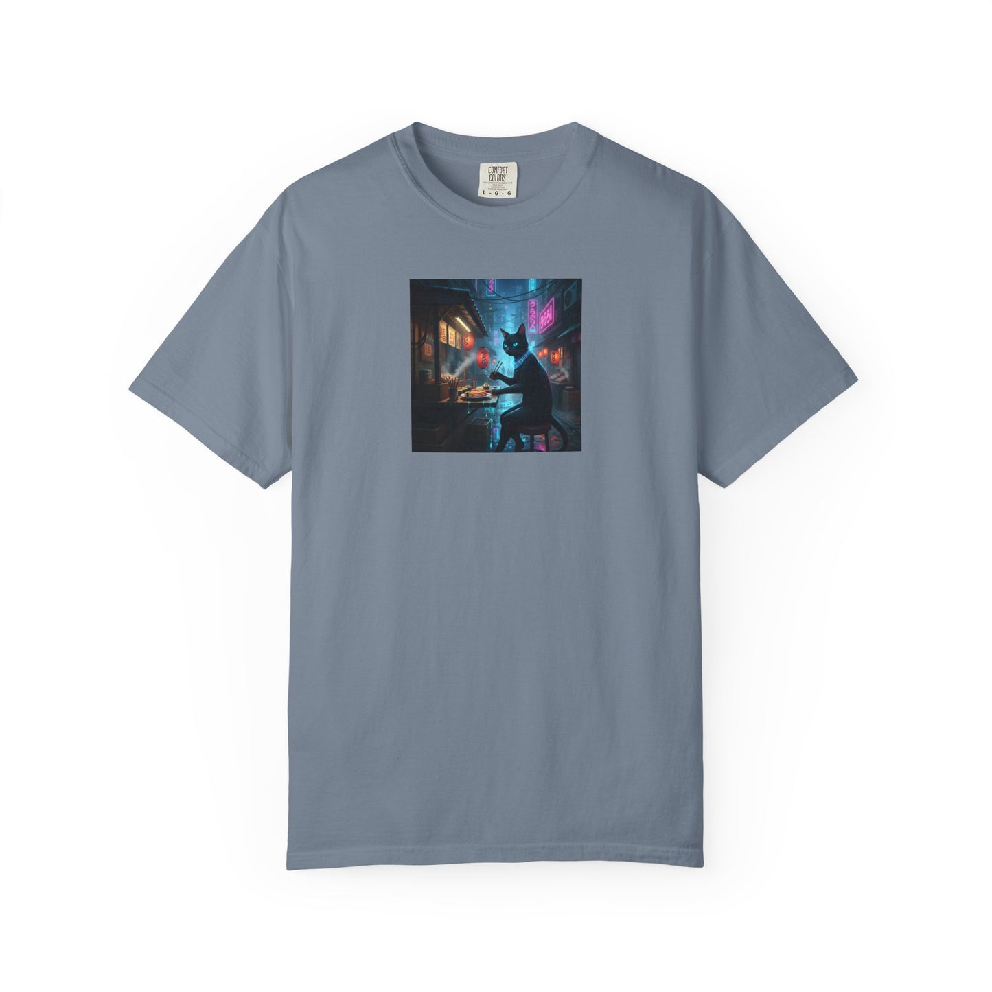 Cyberpunk Cat Sushi T-shirt | Neon Japan Noir