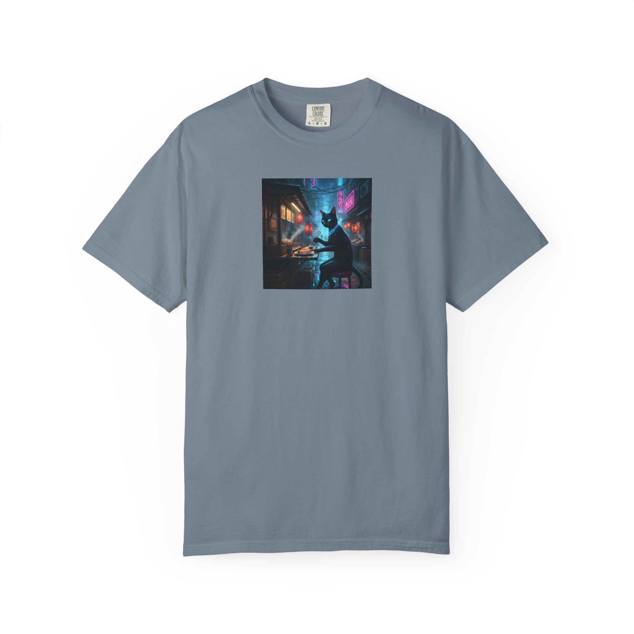 Cyberpunk Cat Sushi T-shirt | Neon Japan Noir