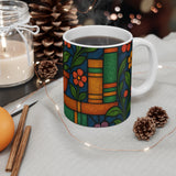 Stained Glass Floral Plant Pot Mug | Colorful Botanical Book Stack