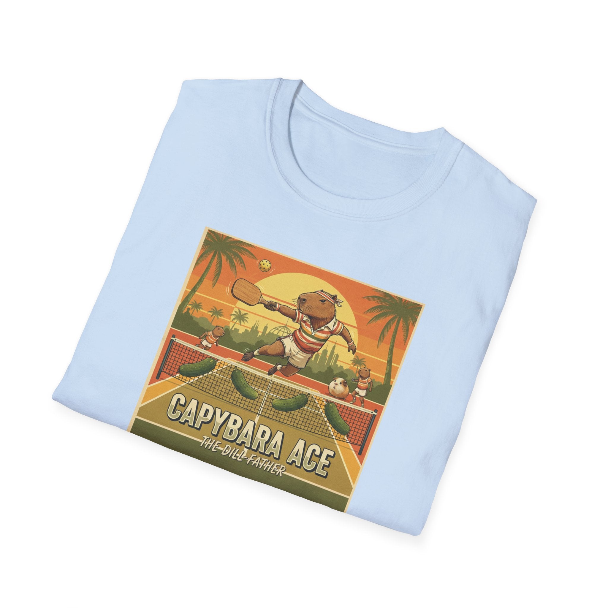 Capybara Ace Pickleball Player T-Shirt | Retro Tropical Court Design