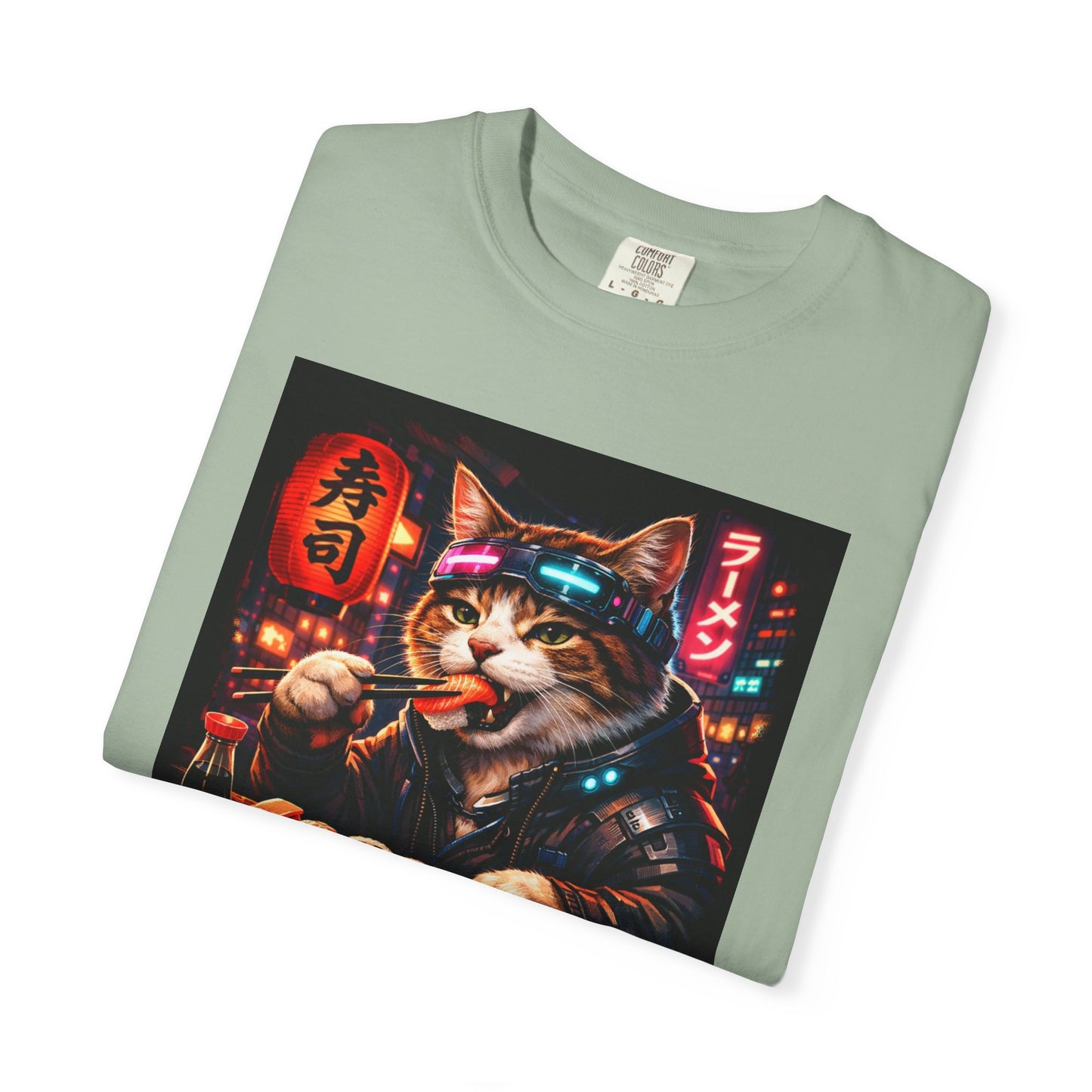 Sushi-Eating Cat T-Shirt | Neon Japanese Street Food Art