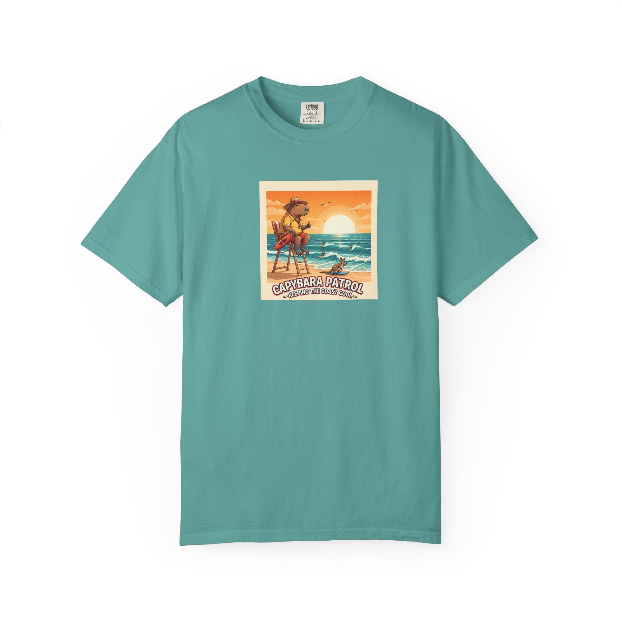 Capybara Patrol Sunset Surfing Capybara T-Shirt | Retro Beach Vibes